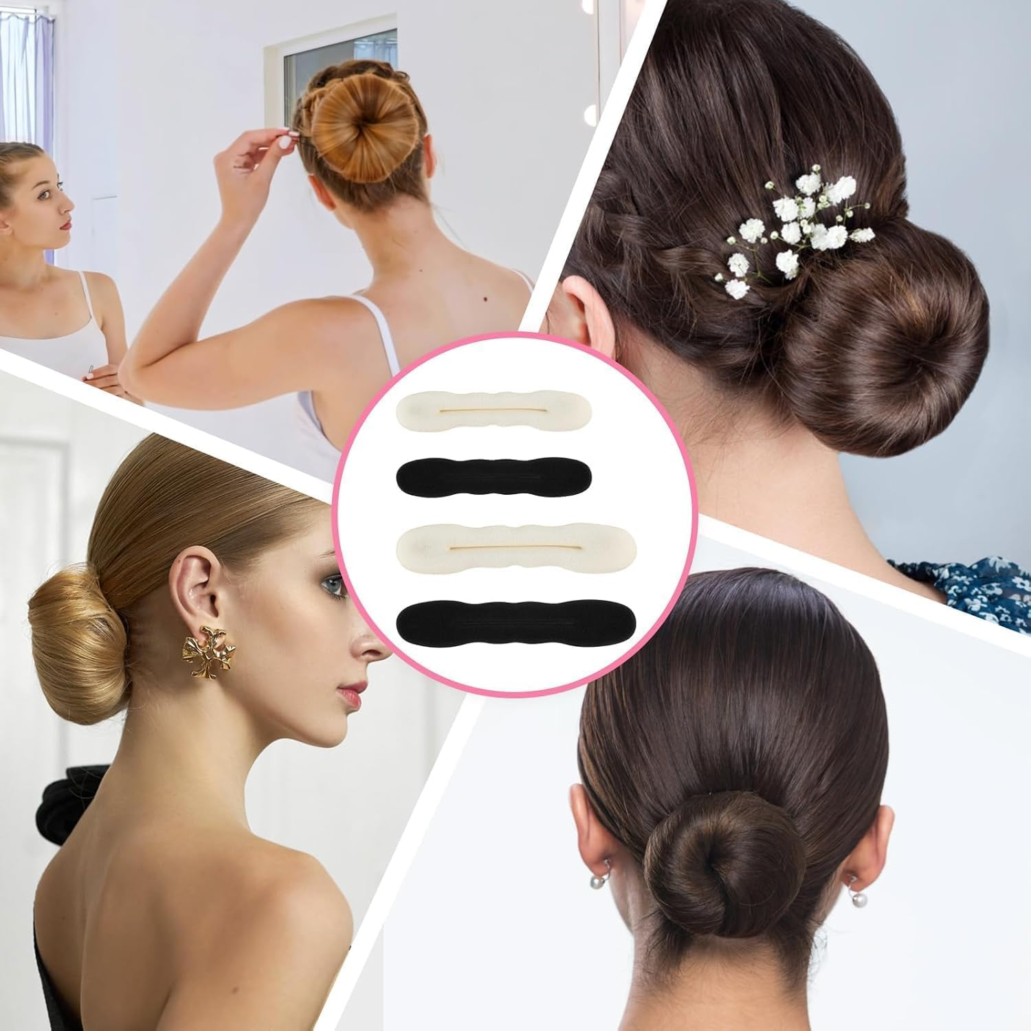Hair Bun Maker Set, 4 Pieces Upgraded Hair Holder Sponge Clips for Easy Styling, Doughnut Bun Tools for Versatile Hairstyles (Beige and Black) image number 4