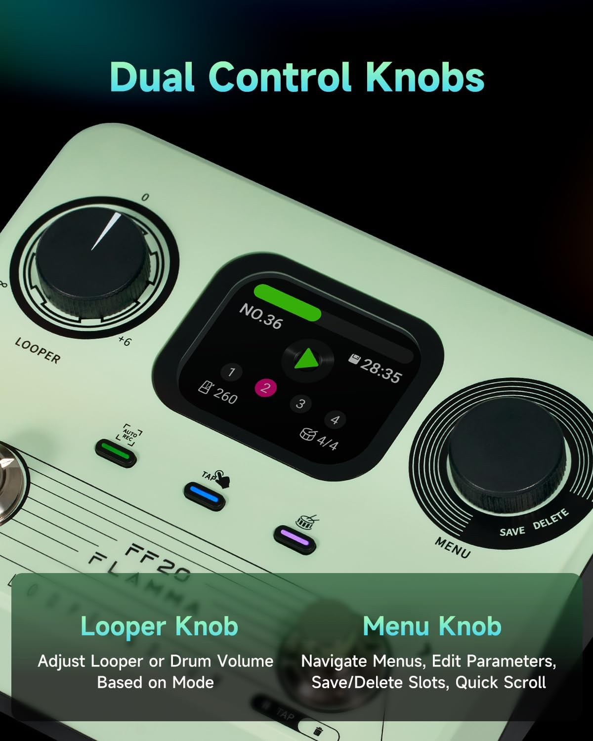 FLAMMA FF20 Looper Pedal Drum Machine, Drum Looper Guitar Pedal with Screen, 300 Min Recording, 220 Drum Grooves, 100 Loop Slots, Time Stretch, Auto Record, USB & Headphone Out, for Guitar and Bass image number 3