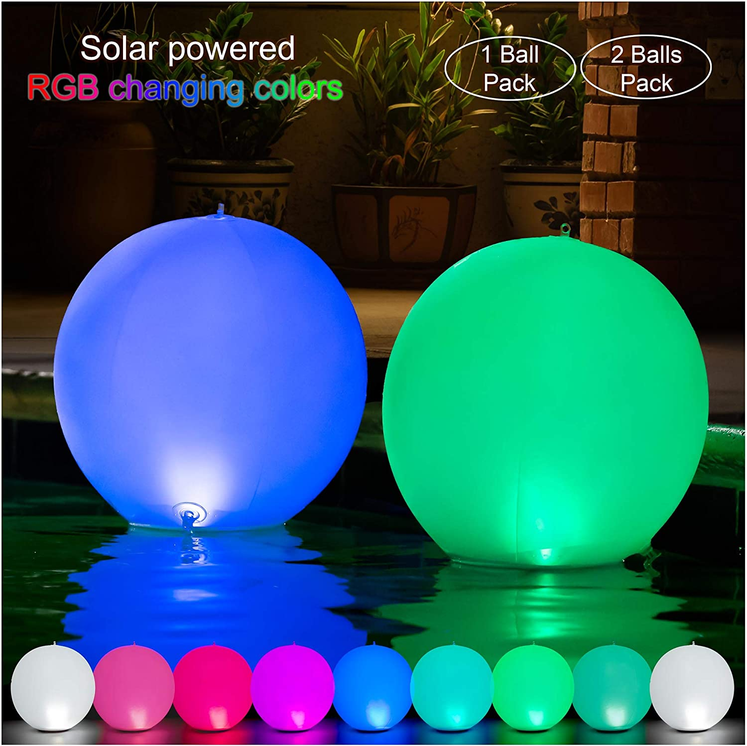 Solar Floating Pool Lights - Pack of 2 Solar Powered Color Changing 14-Inch Balls - Float or Hang in Pool Garden Backyard Pond Party Decorations - Inflatable Wateproof RBG Lights Accessories