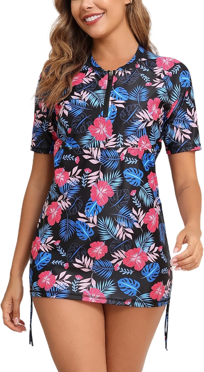 Halcurt Women UPF 50 Rash Guard Striped Long Sleeves Bathing Tops Surf Sun Shirt