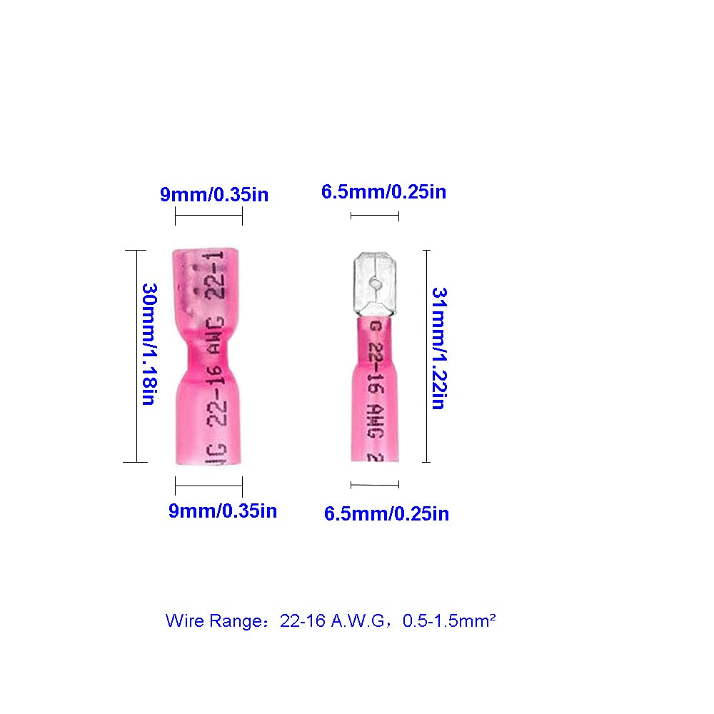 100PCS Heat Shrink Spade Connectors Female and Male Spade Wire Connectors Fully Insulated Quick Disconnect Crimp Terminals 22-16 AWG Red/Ursh - Yellow 12-10 Awg image number 6