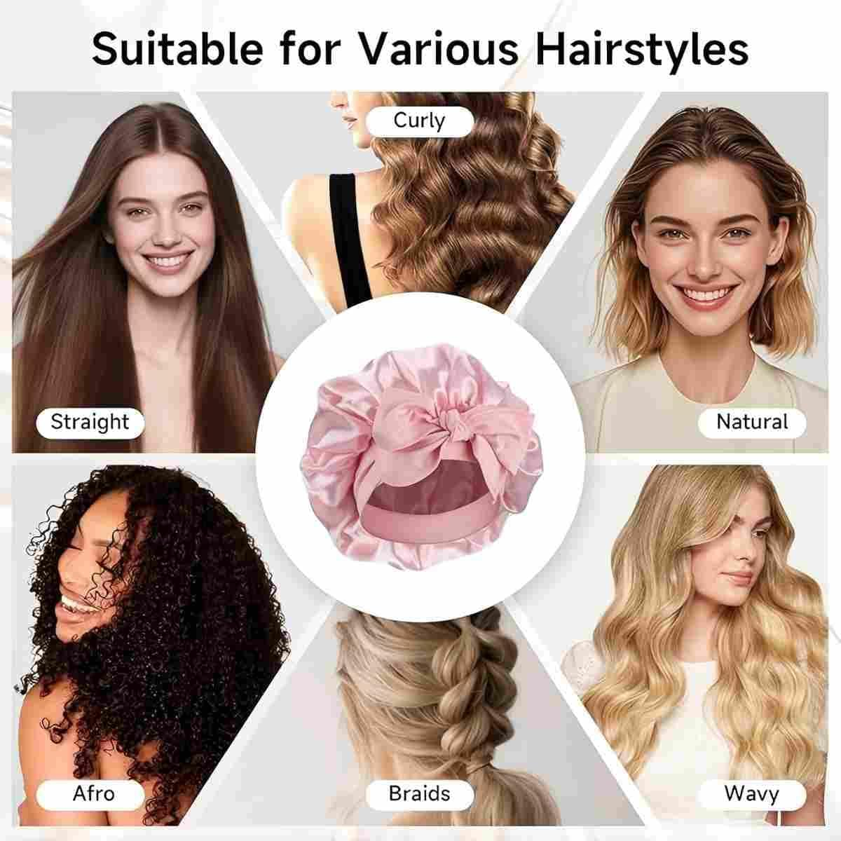 Double Layer Satin Sleeping Bonnet for Women with Wide Bow Tie Band, Extra Large Silk for Curly Natural Hair, Breathable Hair Bonnet for Night Shower Cap Blush Pink image number 6