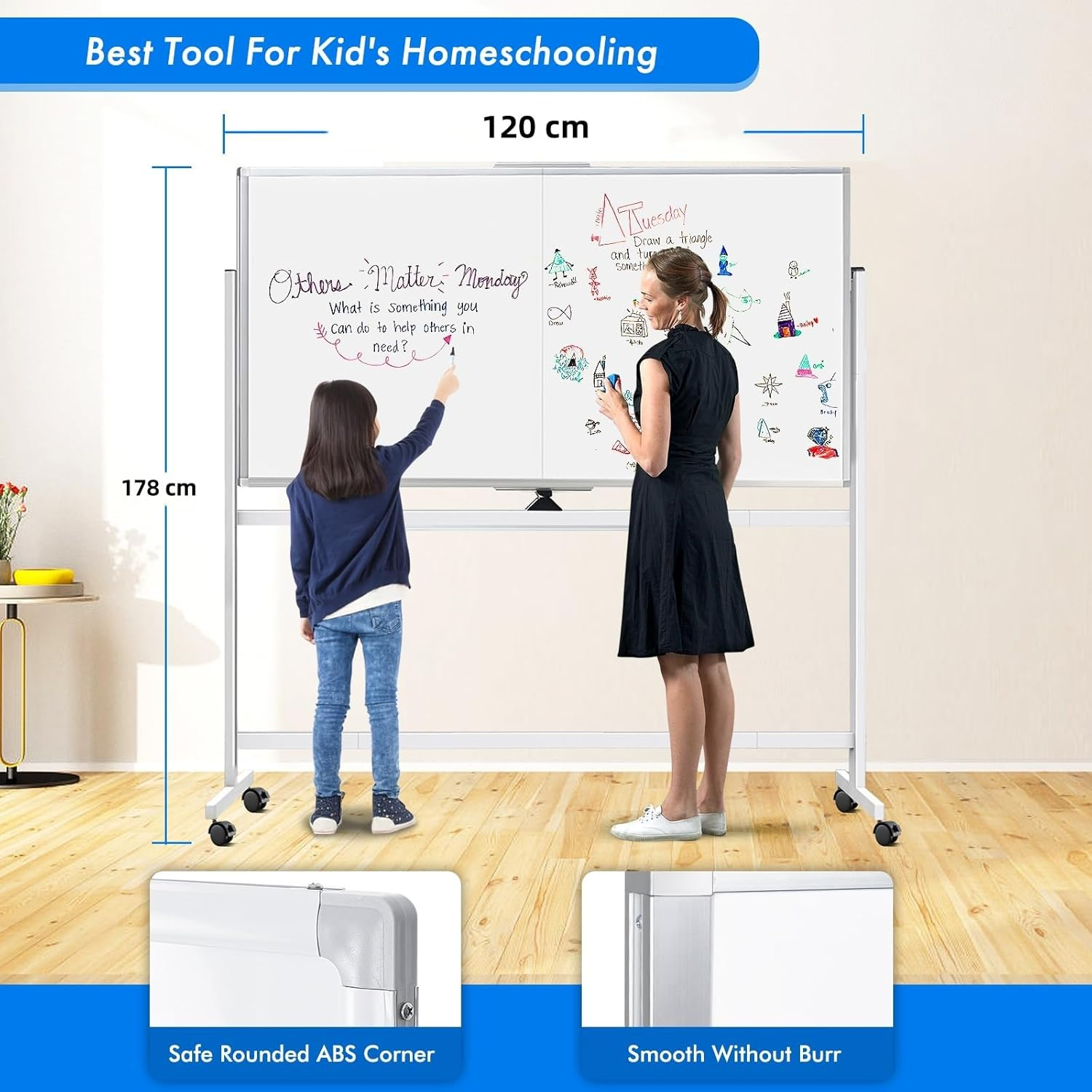 Rolling Magnetic Whiteboard, 120 * 90Cm Large Double-Sided White Board Dry Erase on Wheels, Giant Magnetic White Board Standing for Office, School, Home Office, Homeschool image number 6