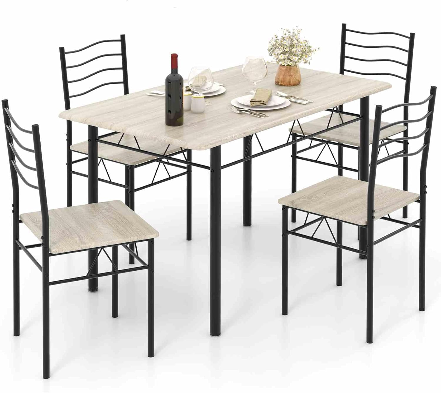Costway 5-Piece Dining Table and Chair Set, Metal and Wood Rectangular Dinning Table Furniture Set W/ 4 High Backrest Chairs, Modern Dinette Set for Kitchen, Dinning Room, Restaurant, Shallow Walnut image number 1
