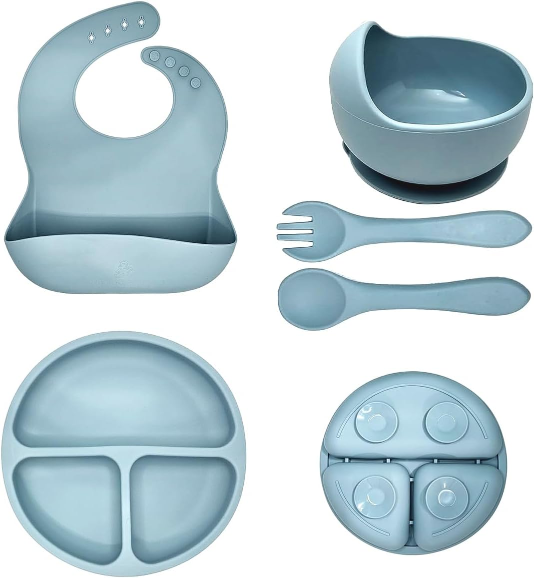 Silicone Baby Feeding Set -Practical 5 Pcs,Baby Led Weaning Supplies,Toddler Eating Spoons Suction Bowl Divided Plate Bib,First Stage Solid Food Eating Utensils - 6+ Months (Off-White)