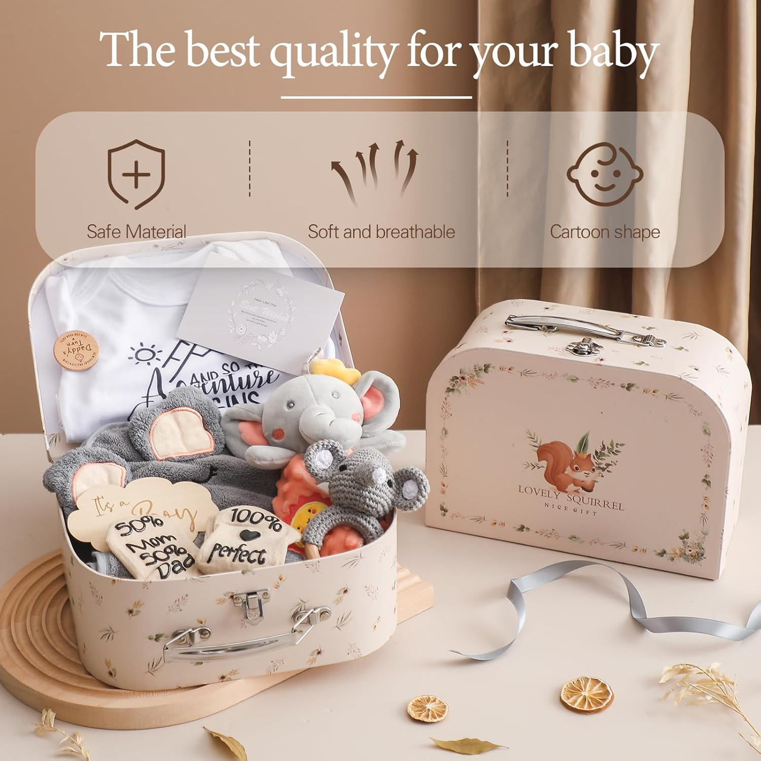 Promise Babe Baby Gift Set Newborn Shower Birth Gifts for Boys Baby Party Bath Towel Milestone Baby Blanket Romper Socks Child Wood Crocheted Elephant Rattle Toy Photo Requisite (For Boy) image number 5