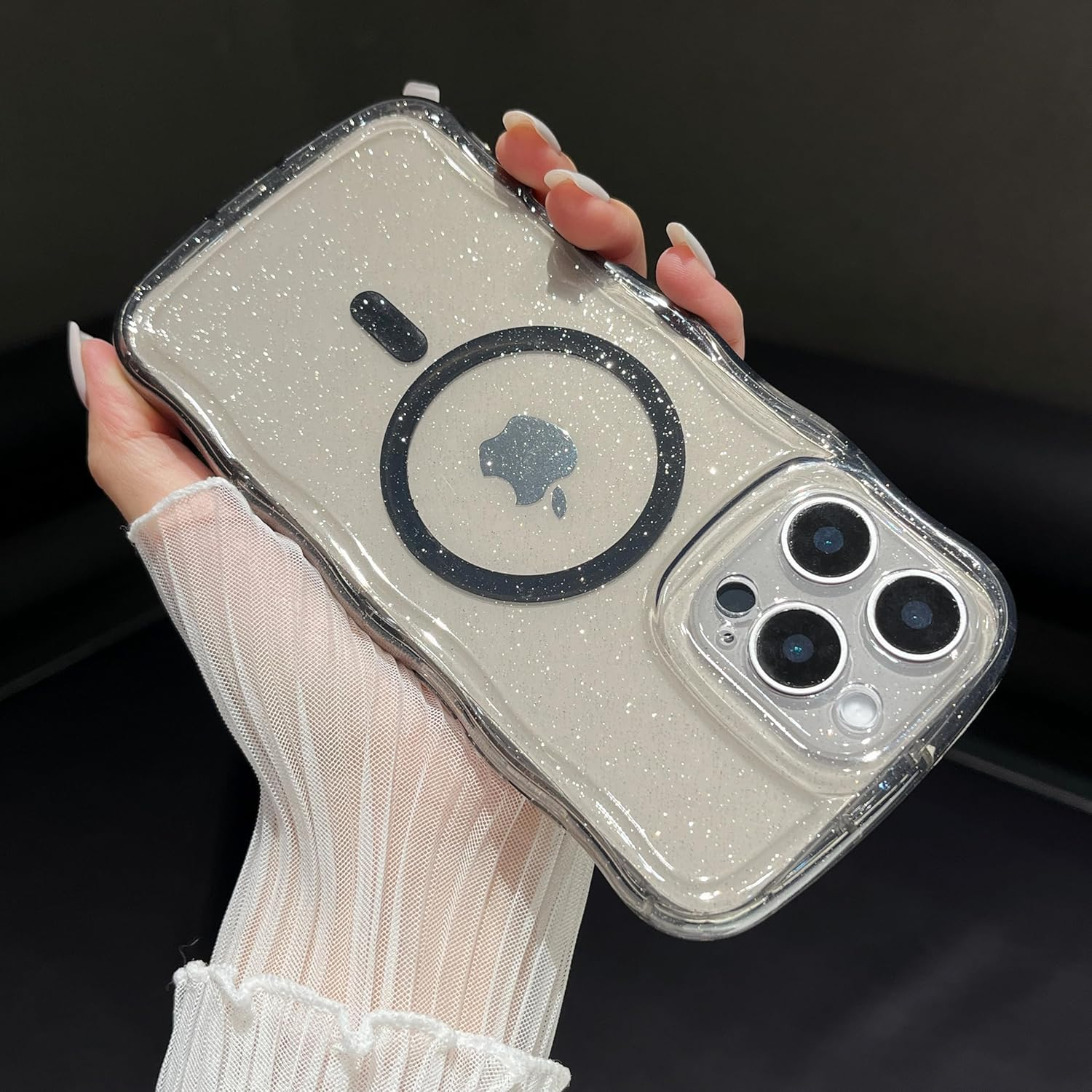 ZTOFERA for Iphone 16 Pro Case, Compatible with Magsafe,Clear Cute Sparkly Bling Glitter Curly Wavy Frame for Women Girls Men,Phone Case for Iphone 16 Pro, Purple