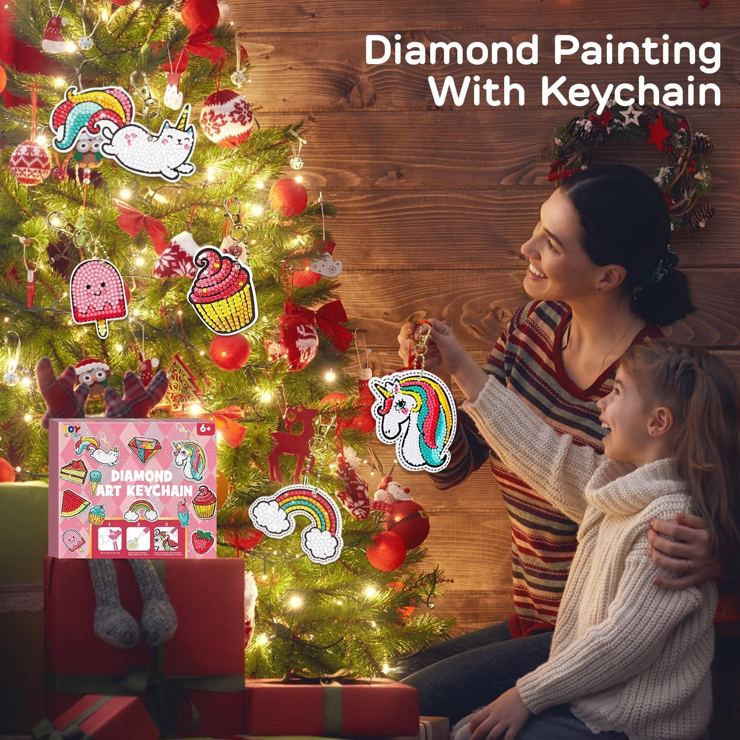 12Pcs Diamond Painting Art Kits for Kids, 5D Diamond Arts and Crafts Keychains for Kids Girls Ages 6-12 with Gift Box Gem Art Supplies Gem Star Cake Rainbow Keychains image number 1