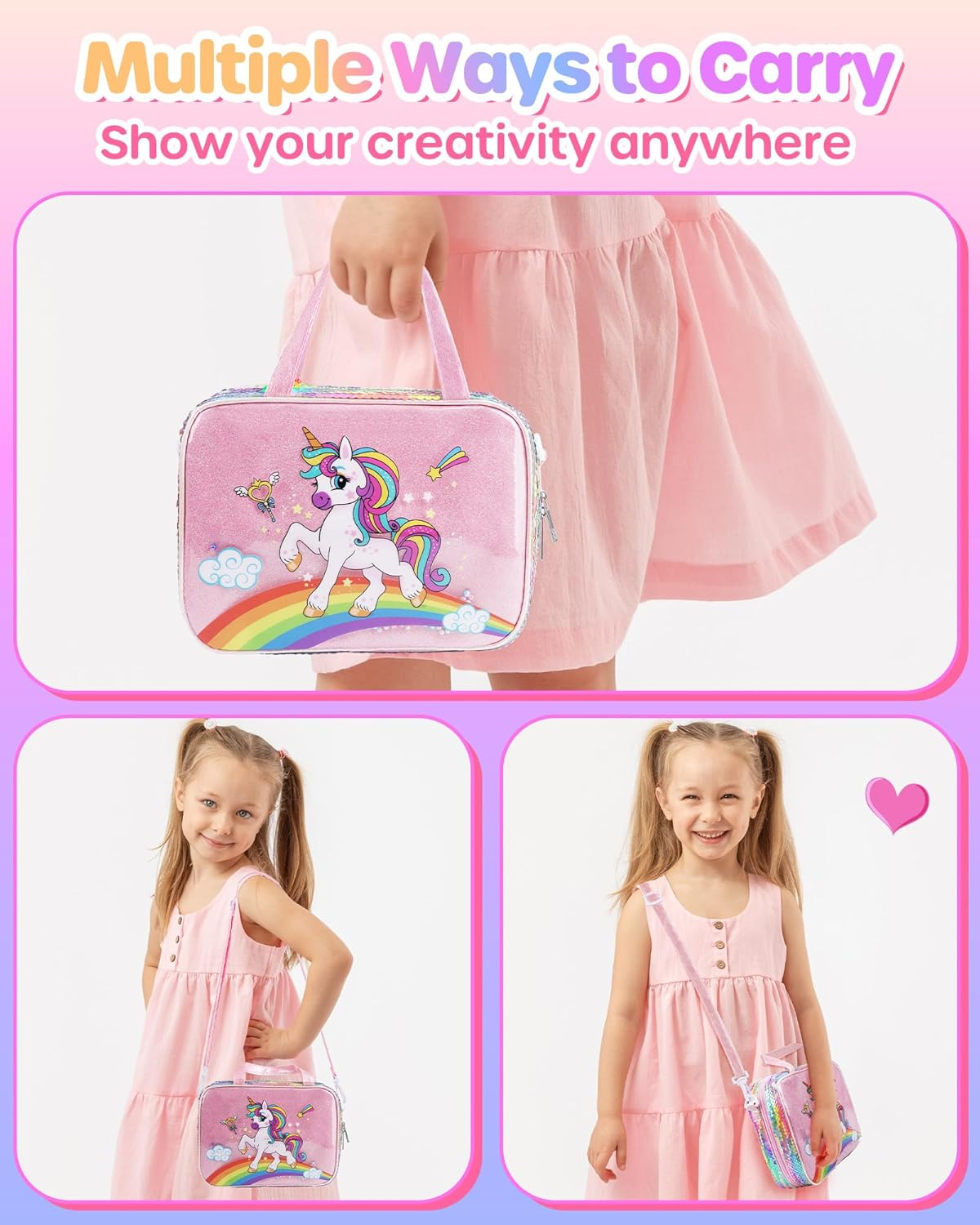 D-Fantix Unicorn Art Supplies Convertible Bag for Girls, 63Pcs Coloring Drawing Set for Kids with Fruit Scented Markers, Portable Travel Activity Kit, Birthday 4 5 6 7 8-12 Year Old Girls image number 1