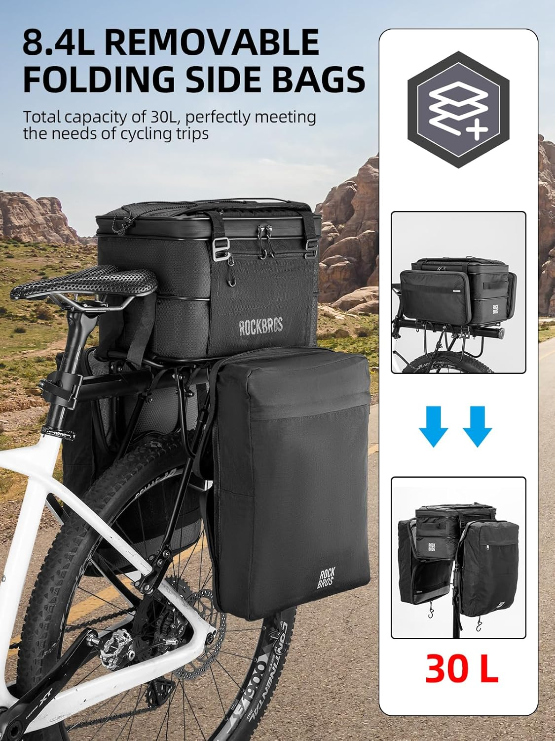 ROCKBROS Rear Bike Rack Bag 15-30L Bike Pannier Bag with Removable Side Bag Saddle Bag Rear Rack for Commute Shopping and Cycling (Black) image number 5