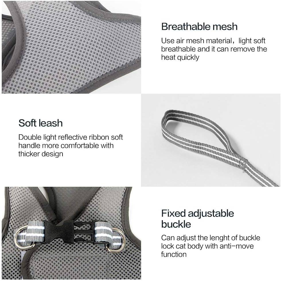 Dotoner Cat Outdoor Walking Harness Set, Pet Vest Cat Harness Breathable Mesh, Adjustable Reflective Cat Chest Straps with Escape Proof Buckle (L (Pack of 1), Grey) image number 7