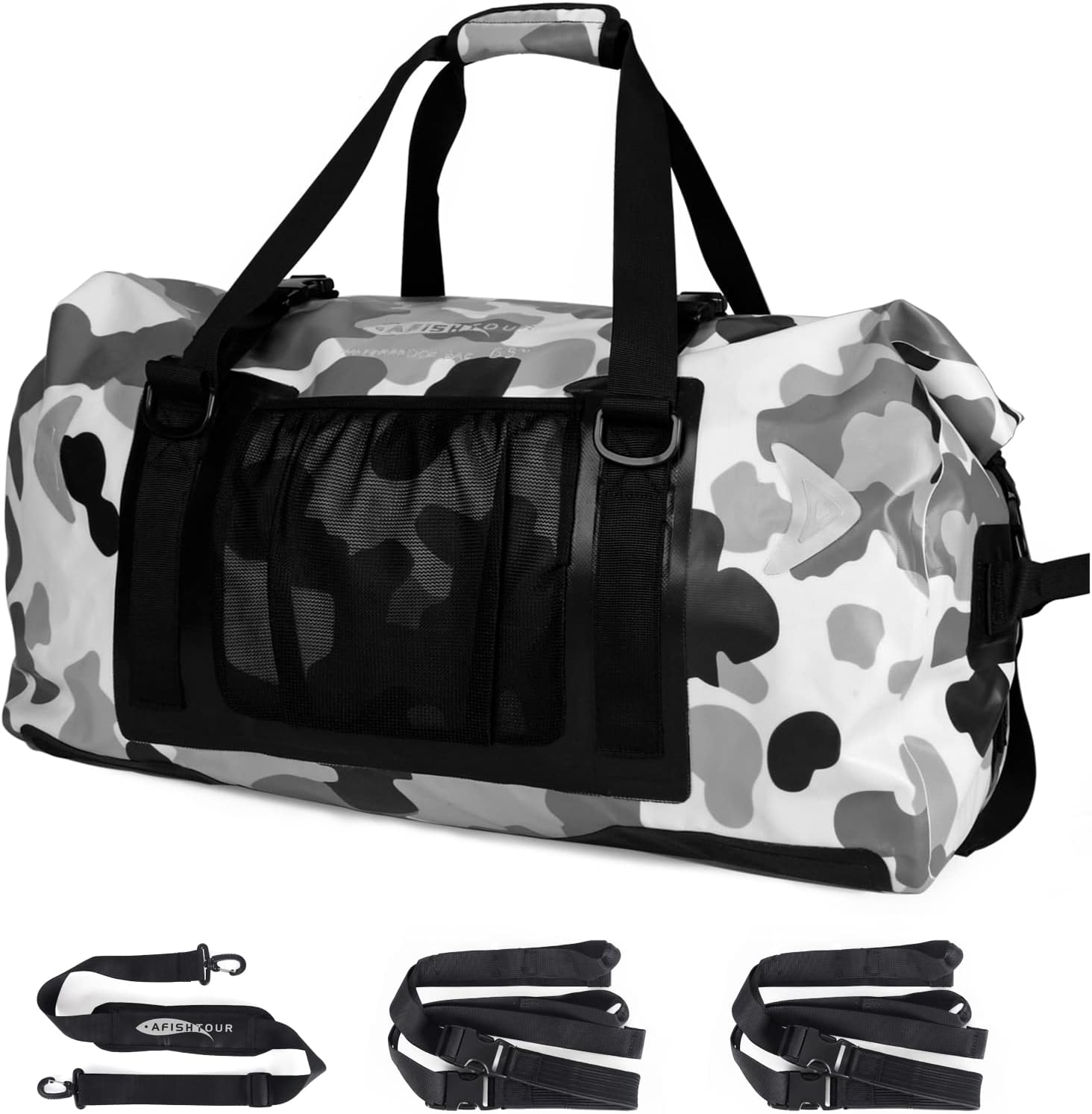 AFISHTOUR 65L Waterproof Duffel Bag for Men and Women - Large Motorcycle Duffle Bag with Straps for Back Seat - Roll Top Dry Bag for Kayaking, Rafting, Boating, Swimming, Beach (Black)