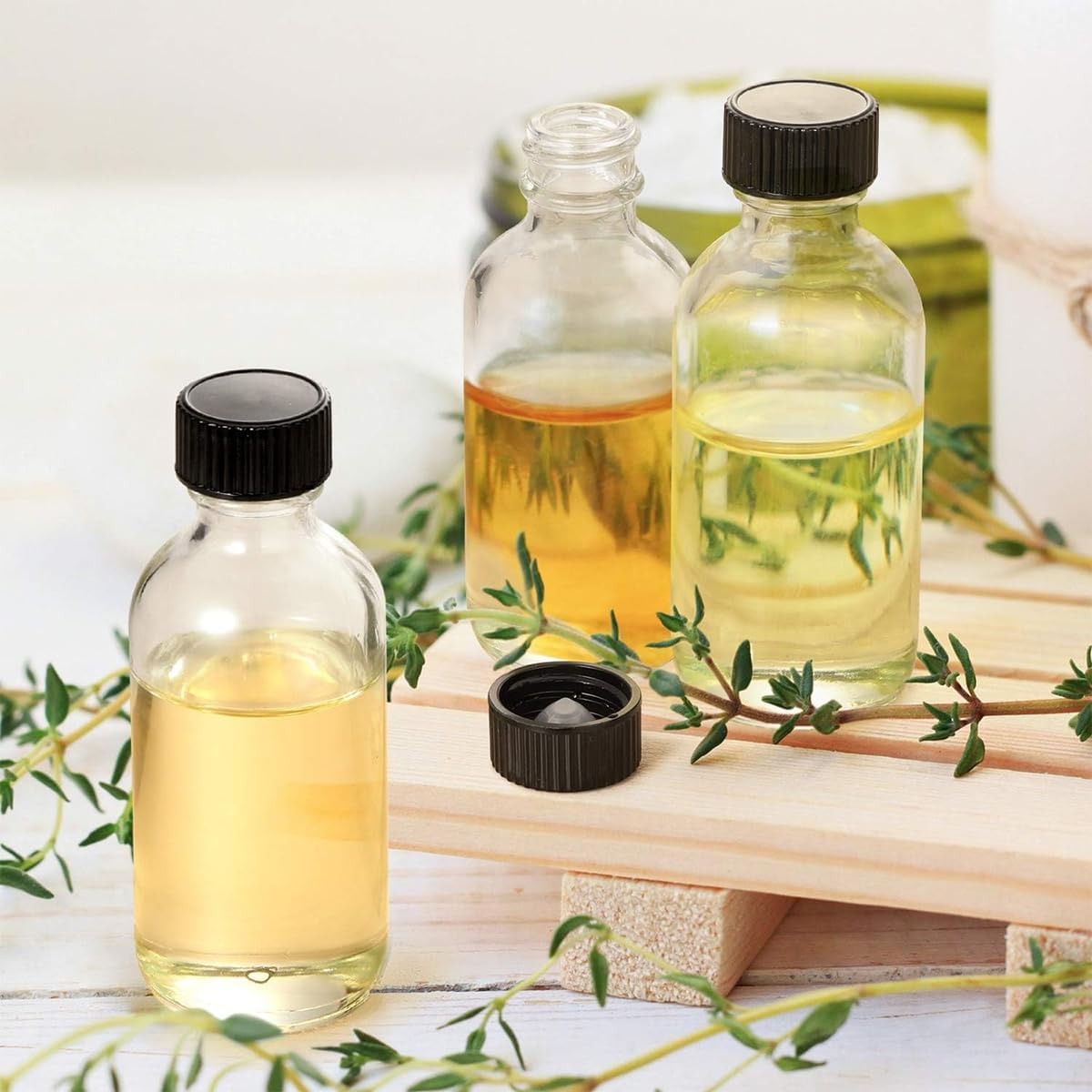 12Pcs Shot Bottles Small Glass Bottles, Juice Bottles with Lids, 60Ml Clear Glass Containers with Funnels, Brushes, Boston round Sample Bottles for Juice, Oils, Ginger Shots, Whiskey, Liquid