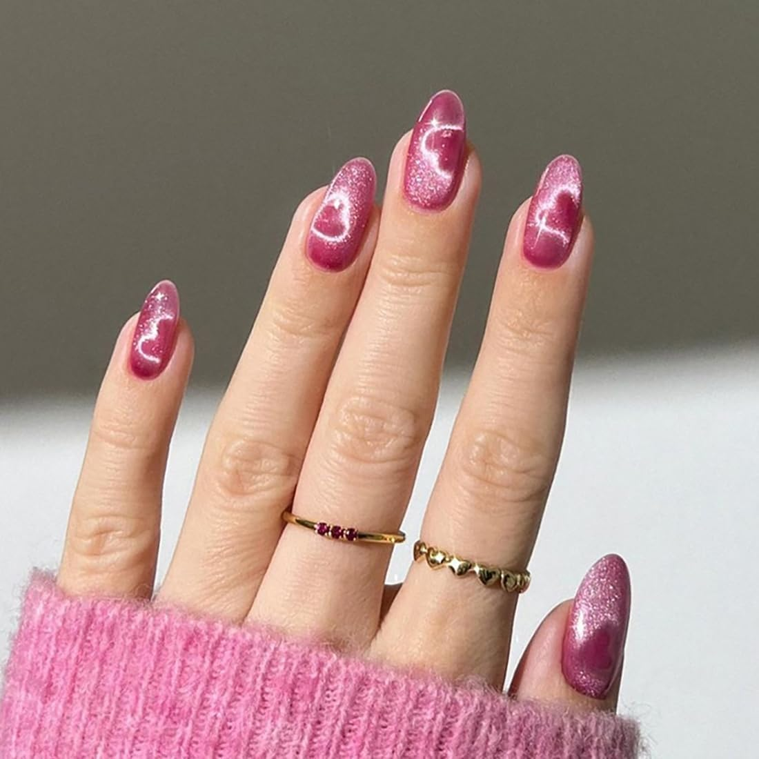 24 PCS Rose Red Press on Nails Heart Cat Eye False Nails Glossy Medium Oval False Nails Full Cover Stick on Nails Tips for Women and Girls