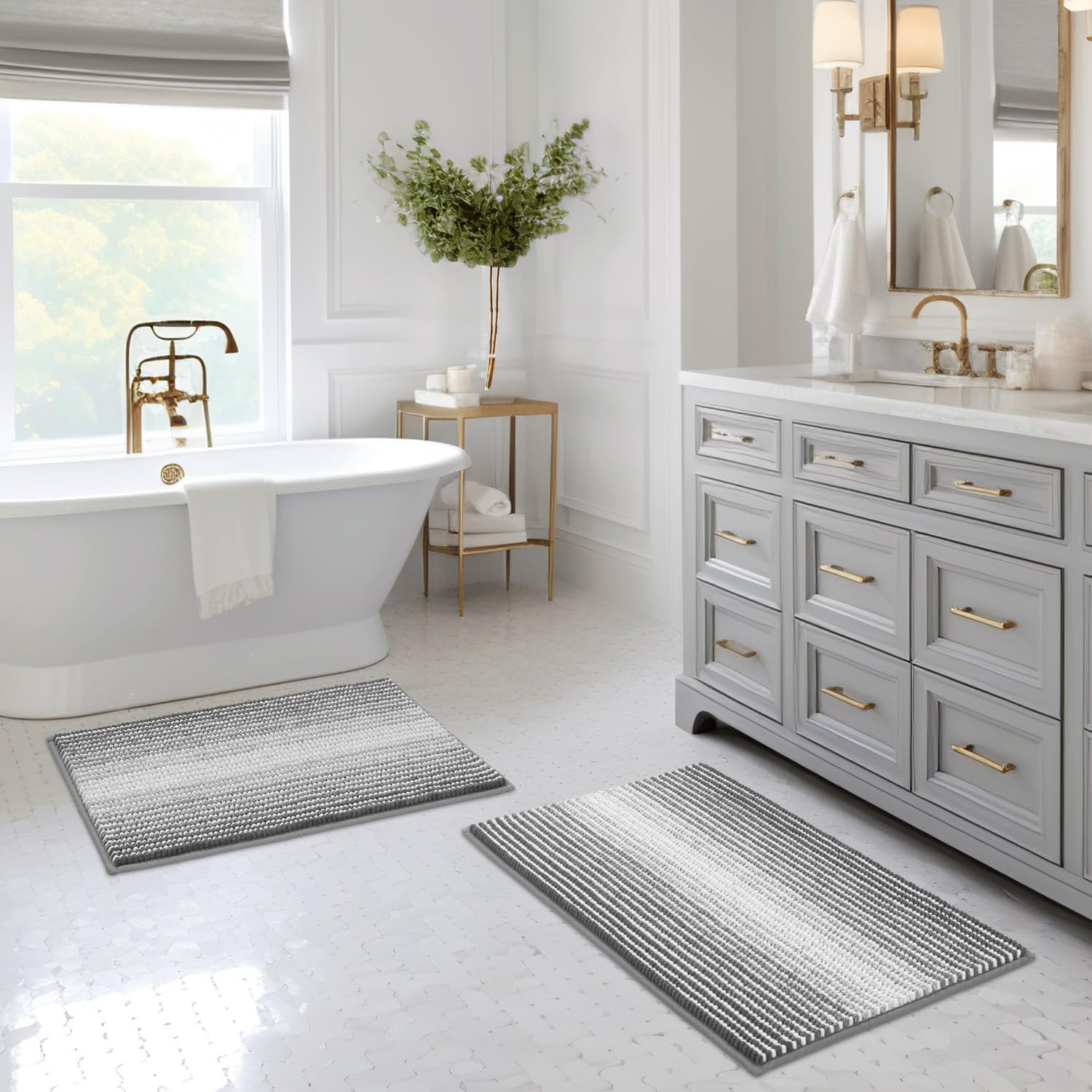 BSICPRO Bathroom Rugs and Mats Sets, 2 Piece Thick Absorbent Chenille Bath Mat Rug Set Non Slip, Soft Shaggy Room Floor for Bathroom, Machine Washable (20" X 32" plus 16" 24", Gray) image number 2