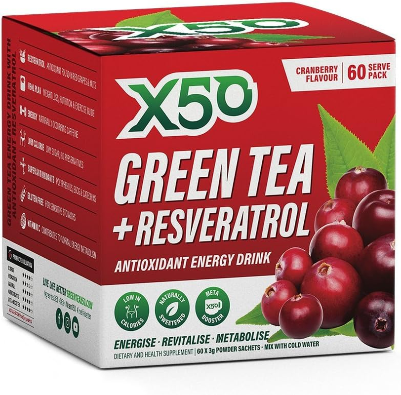 Green Tea X50 Green Tea & Resveratrol Lemon Ginger Energy Drink Powder 60 Sachets, Antioxidants, Fat Burner,, Lemon and Ginger 180 Grams