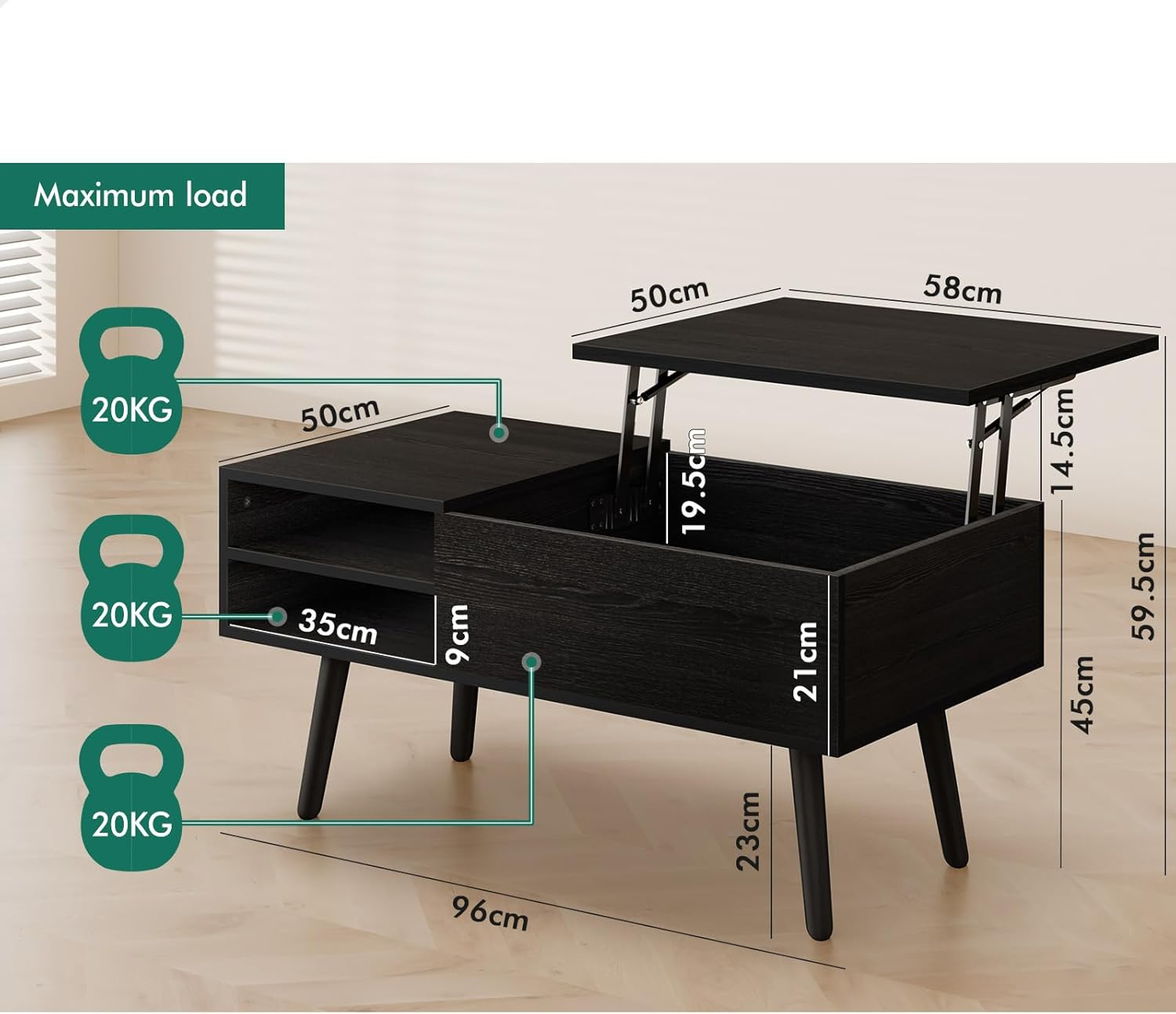 ALFORDSON Lift Tabletop Coffee Table Center Table Black Color, Living Room Office Reception Dining Table with Rising Top, Hidden Storage and Side Open Shelves image number 3