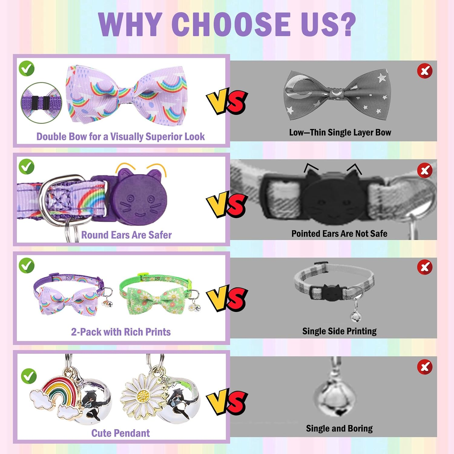 SCENEREAL Cat Collar with Bells, 2 Pcs Breakaway Cat Collars with Adustable Bowtie, Safety Kitten Collar for Boy Girl Cats Puppy, Cute Rainbow & Floral Pet Collar, Green & Purple