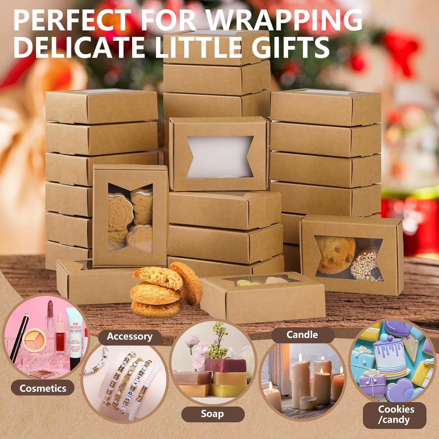 40PCS Mini Kraft Paper Boxes,Geeric Soap Gift Box with Clear Windows 9.7*7*3CM Small Bakery Box Present Treat DIY Essential Oil Candles Cookie Boxes for Candy,Chocolate,Jewelry,Wedding Party Favor image number 1