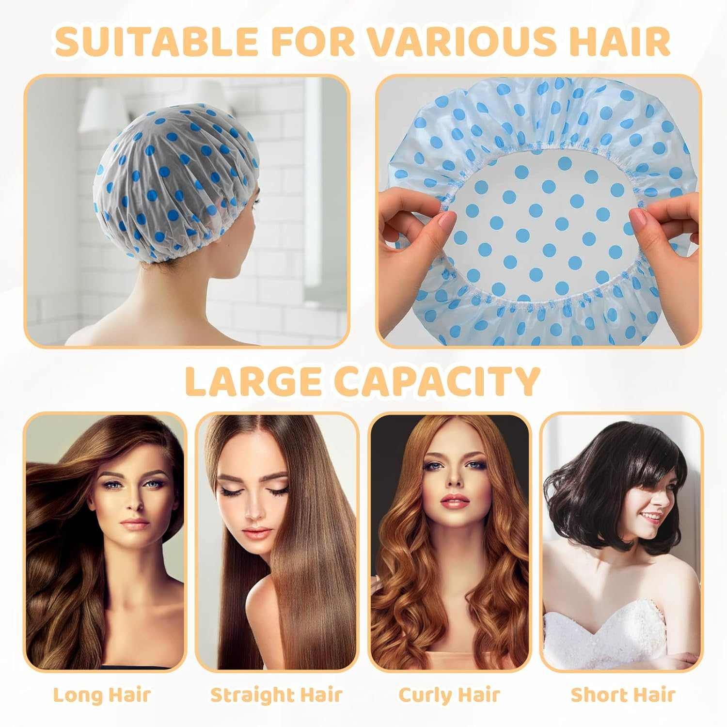 6 Pack Shower Cap,Waterproof Reusable Shower Caps for Women and Men, Large Shower Cap Hair Bonnet for Bathing, Swimming, Hair Care image number 3