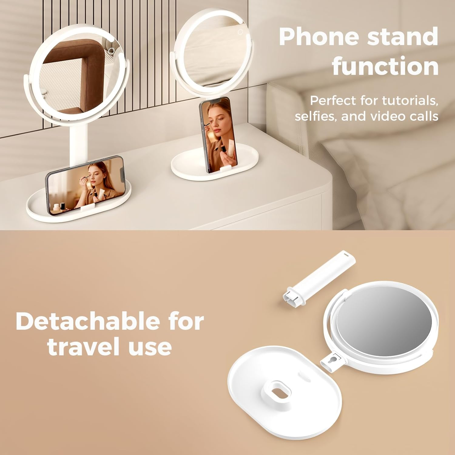 Yezi Makeup Mirror Rechargeable with LED 10X Magnification3 Color Lighting Modes, 80 Leds, 2000Mah Battery, Smart Touch Stepless Dimming, 360&deg; Rotation,Storage Base, Type-C,White Mirror, 37X22.4Cm image number 1