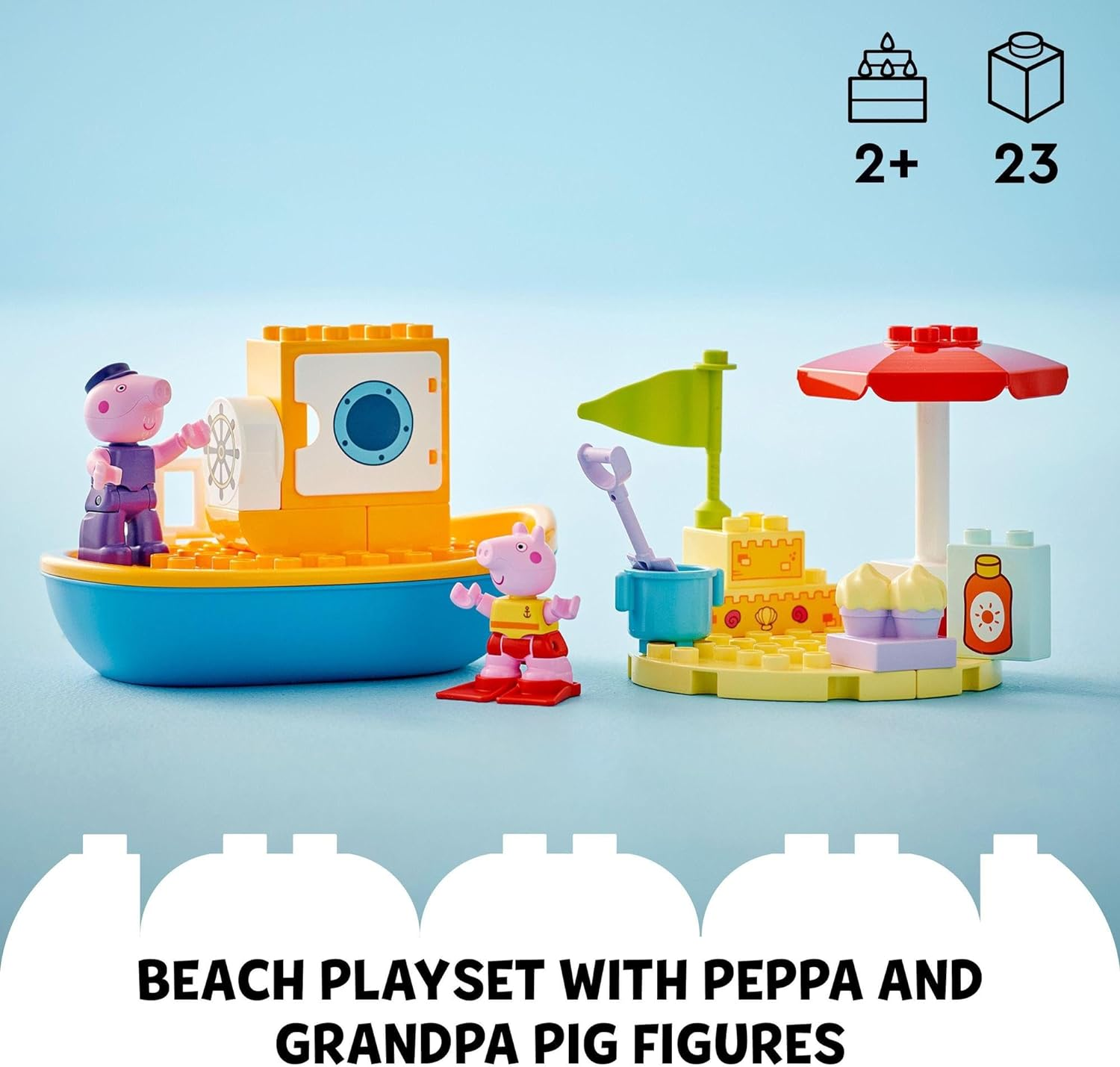 LEGO DUPLO Peppa Pig Boat Trip Toy, Early Development Toddler Toy for 2+ Year Old Boys & Girls, with Two Animal Figures, Spade, Bucket, Umbrella, Summer Activity Set, Treat Idea, Kids' Toys 10432 image number 2