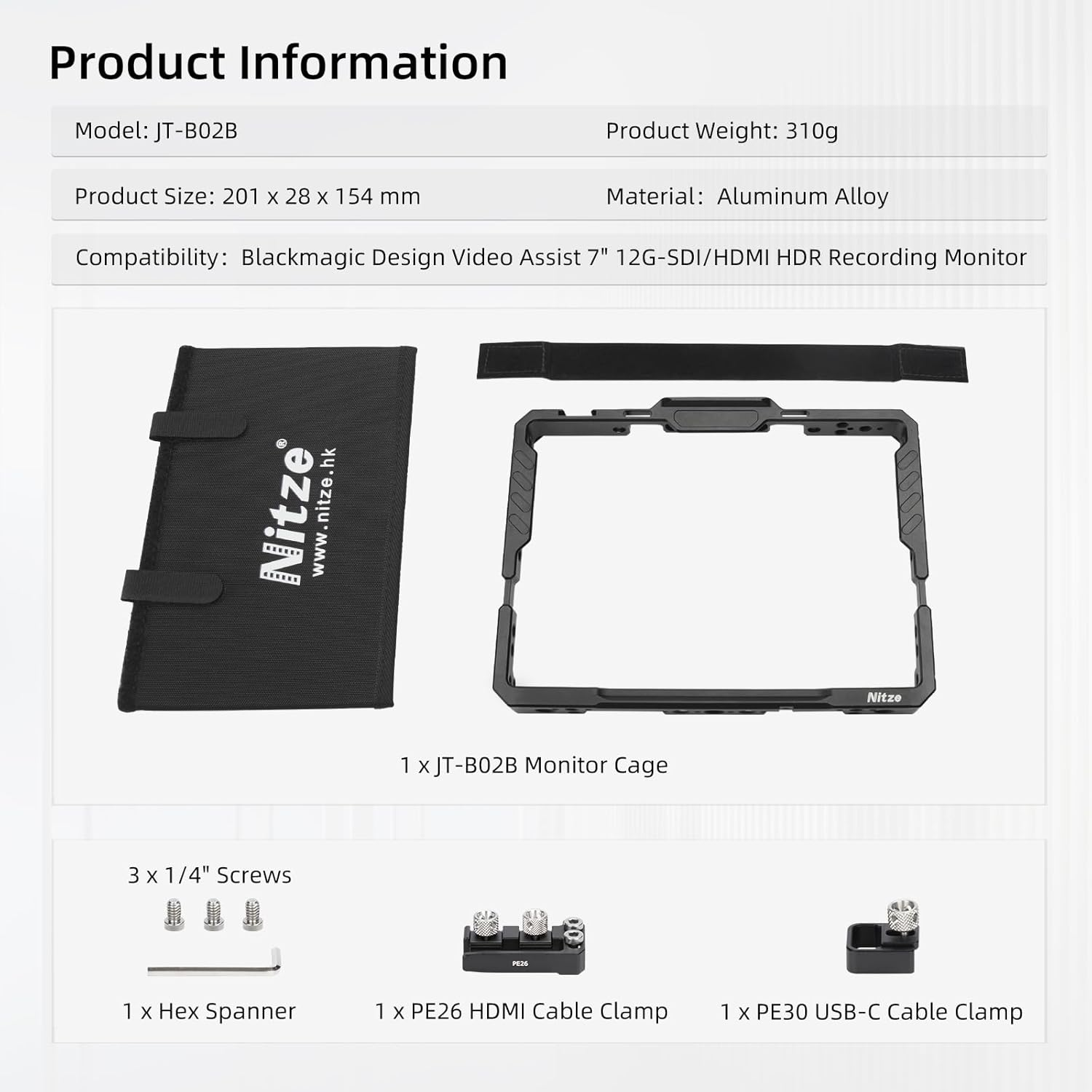 Nitze Cage for Blackmagic Design Video Assist 7" 12G Monitor with Sunhood, HDMI Cable Clamp and USB-C Cable Clamp - JT-B02B image number 5