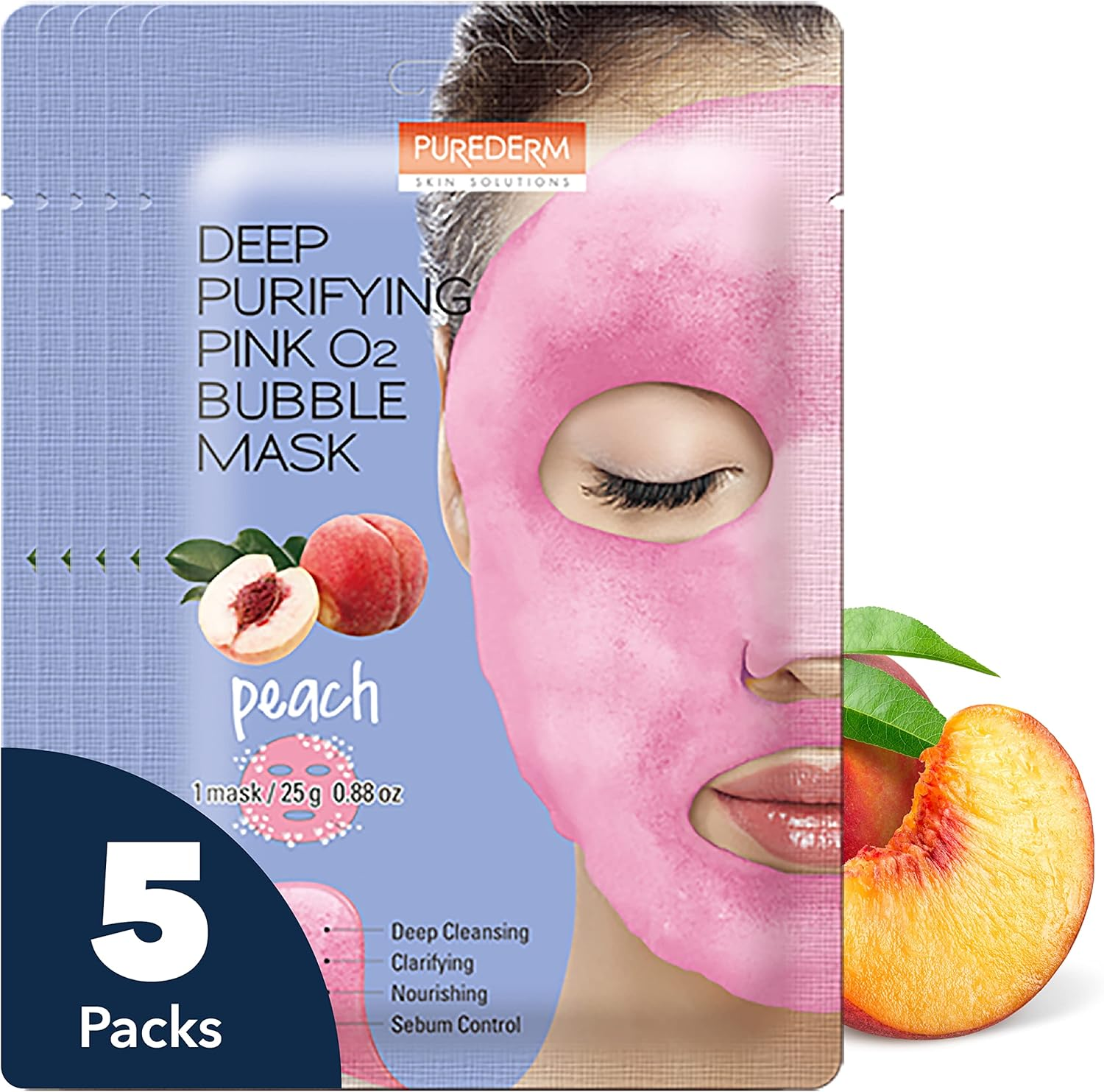 Purederm Deep Purifying Pink O2 Bubble Mask Peach (5 Pack) &ndash; Bubble Face Sheet Mask for Purifying & Moisturizing