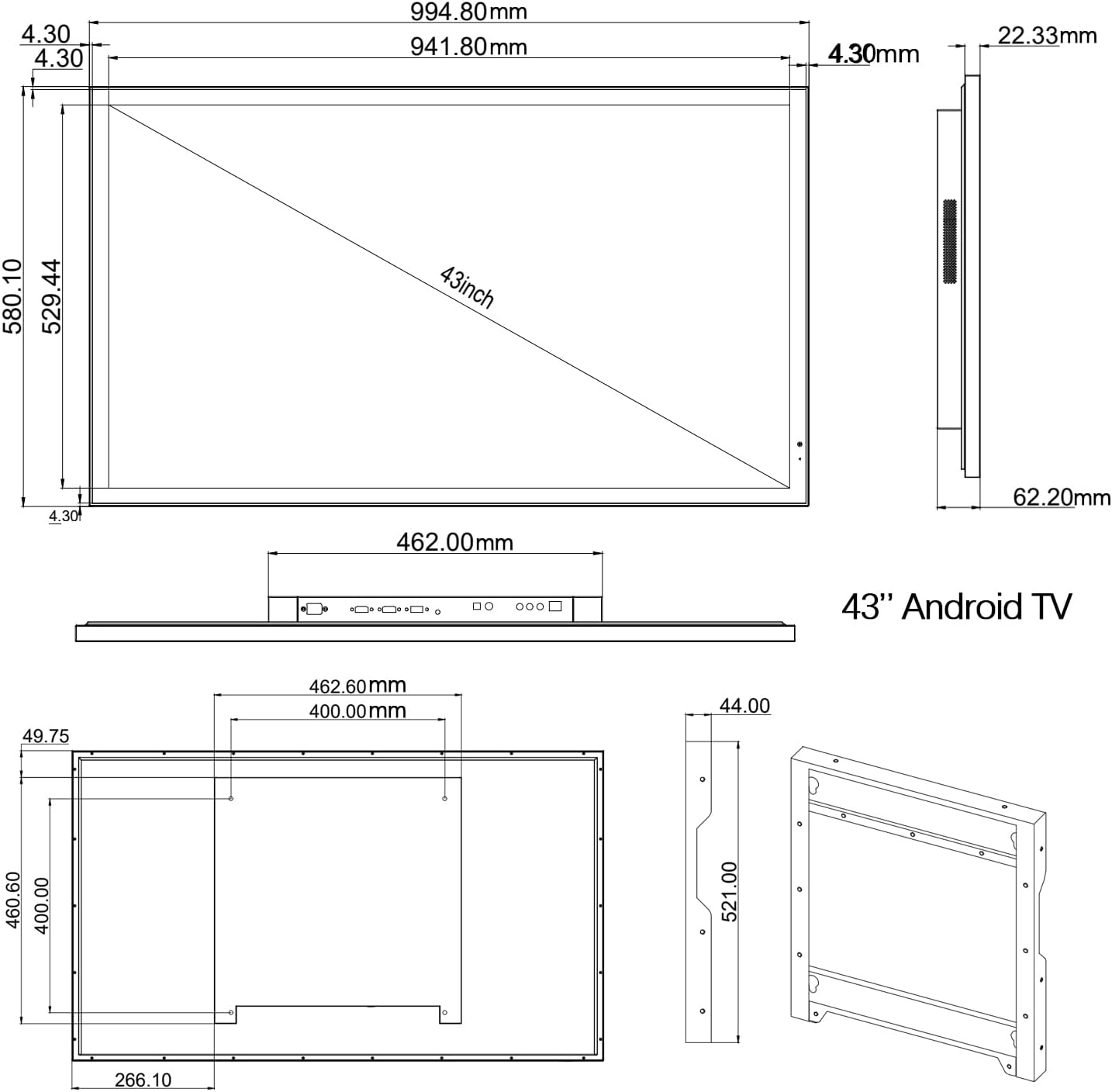 Elecsung 43 INCH Android Touchscreen Smart Mirror TV for Bathroom,Bedroom,Living Room Waterproof LED Television ATSC Wifi
