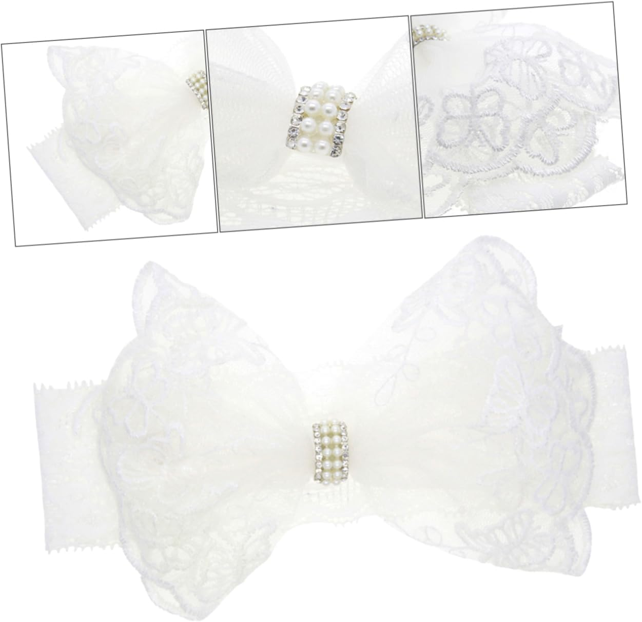 Baby Lace Headband and Bow for Newborn Girls, White Pearl Hair Bow Infant Hair Accessories, Soft Adjustable Headband Suitable for Babies and Toddlers image number 3