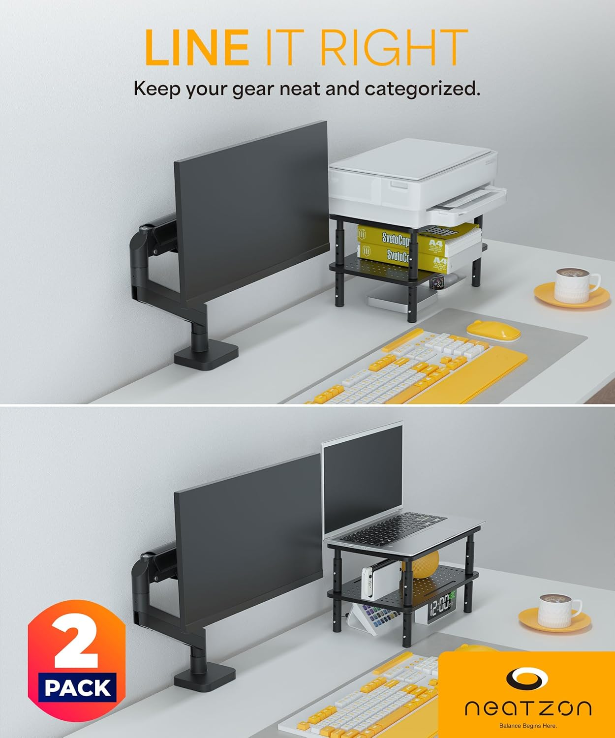 Neatzon Universal Monitor Stand 2 Pack &ndash; 3-Height Adjustable Desktop Riser for Screens, Laptops, and Storage, 6 Cable Management Ties, Easy Assembly, NZ-STAND-01