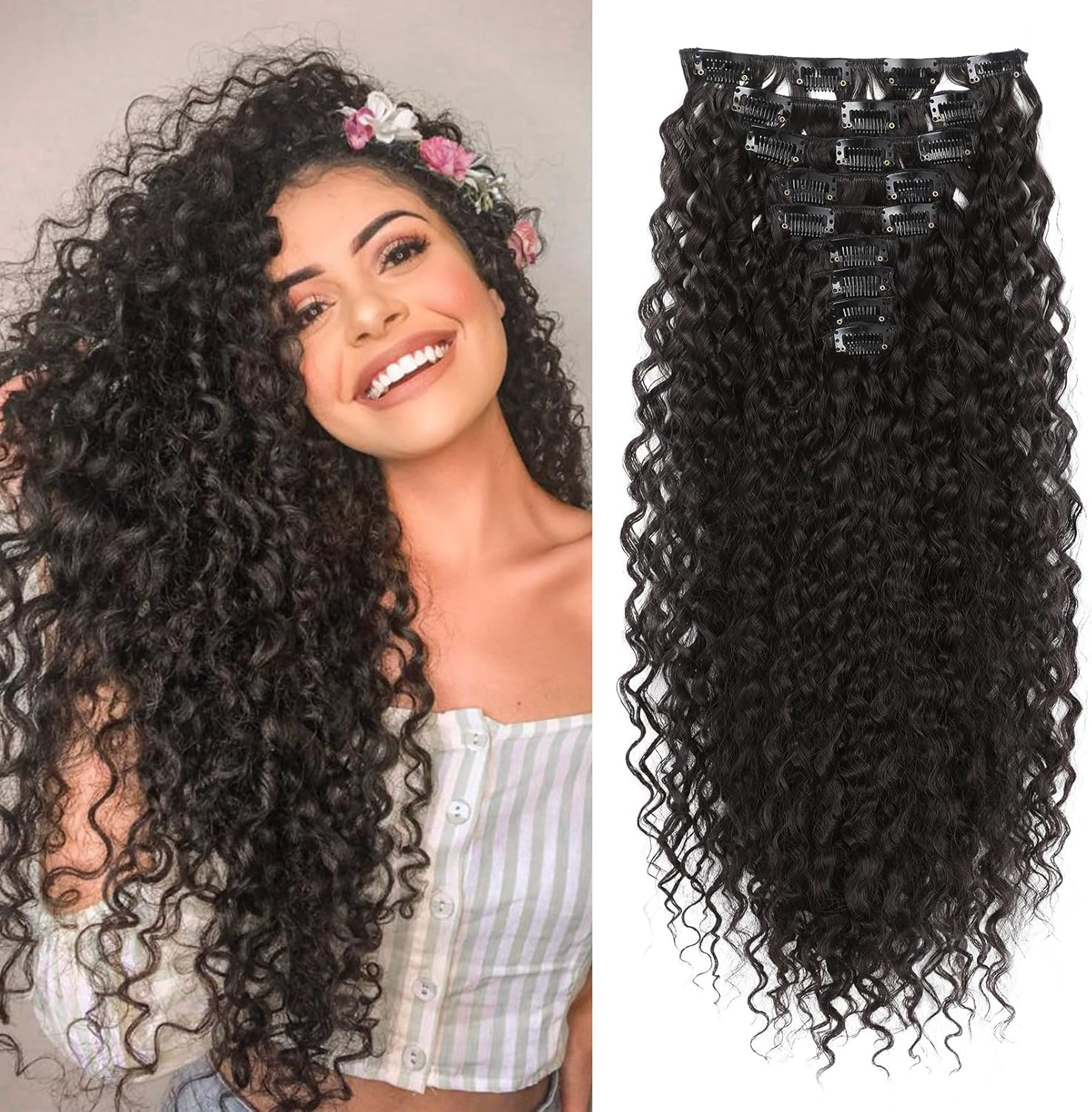FLUFYMOOZ 9PCS Clip in Hair Extensions 22 Inch Curly Hair Extension Long Soft Synthetic Hairpieces for Women (Black Brown) image number 4