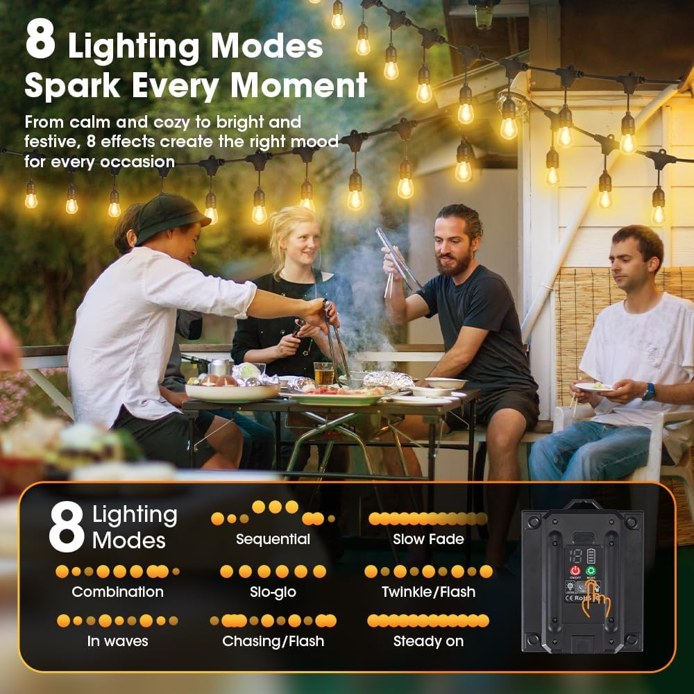 ZUNI Solar Festoon Lights Outdoor, 15M Solar String Lights with 15+4 LED Shatterproof Bulbs, IP65 Waterproof, 8 Light Modes, Dimmable Solar Light for Camping Garden Backyard image number 6