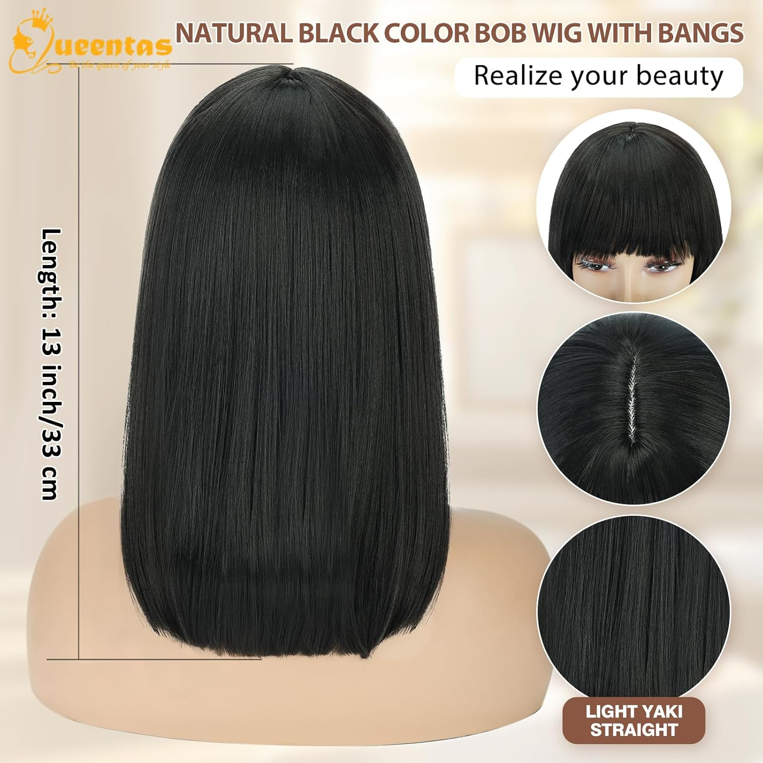 QUEENTAS Short Black Bob Hair Wigs for Women Light Black Wig Full Head with Bangs Synthetic Hair Straight Black Bob Wig for Daily Party Cosplay image number 1