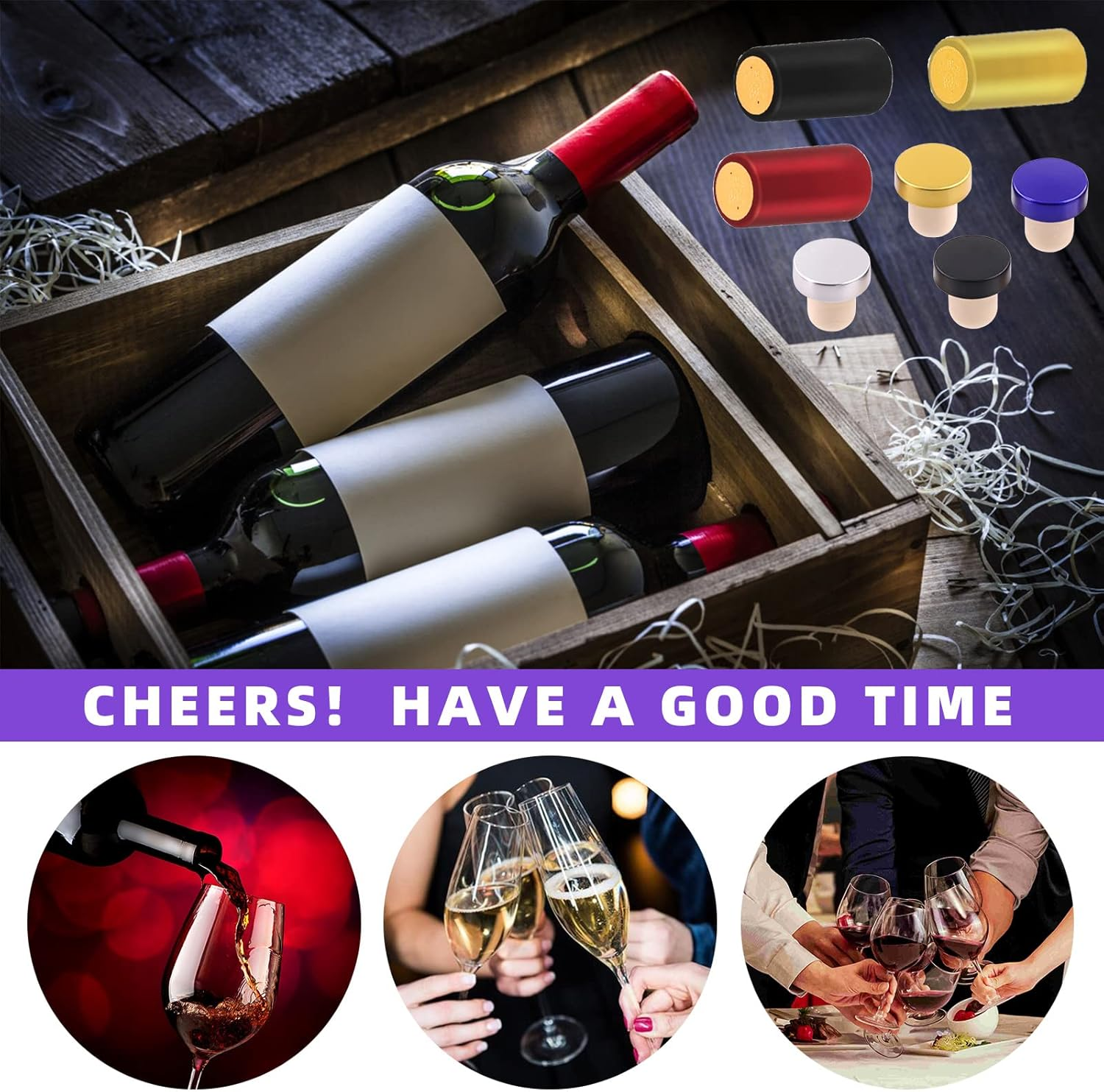 Swpeet 54Pcs 3 Colors Gold Black Red PVC Heat Shrink Capsules and Wine Bottle Cork Tops Stopper with Plastic Top Assortment Kit, Sealing Plug Bottle Cap with Shrink Wrap for Wine Bottles image number 1
