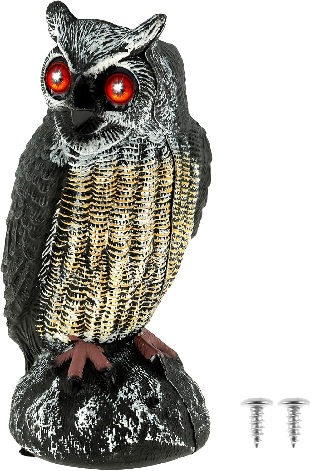 Solar Owl Decoys, Owl Bird Deterrent to Scare Birds Away with Red Flashing Eyes & Scaring Sound, 2 Working Modes Waterproof Solar Scarecrow Easy to Install to Keep Birds Away Outdoor (Set 01)