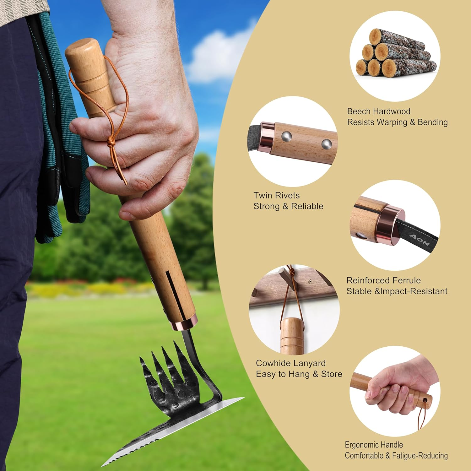 AON All-Purpose Japanese Weeding Sickle & Razor Hand Hoe, Forged Steel Weed Puller Tool with Sharp Edge & 4-Tine for Digging, Weeding, Uprooting in Vegetable Gardening, Backyard or Raised Garden Beds image number 3