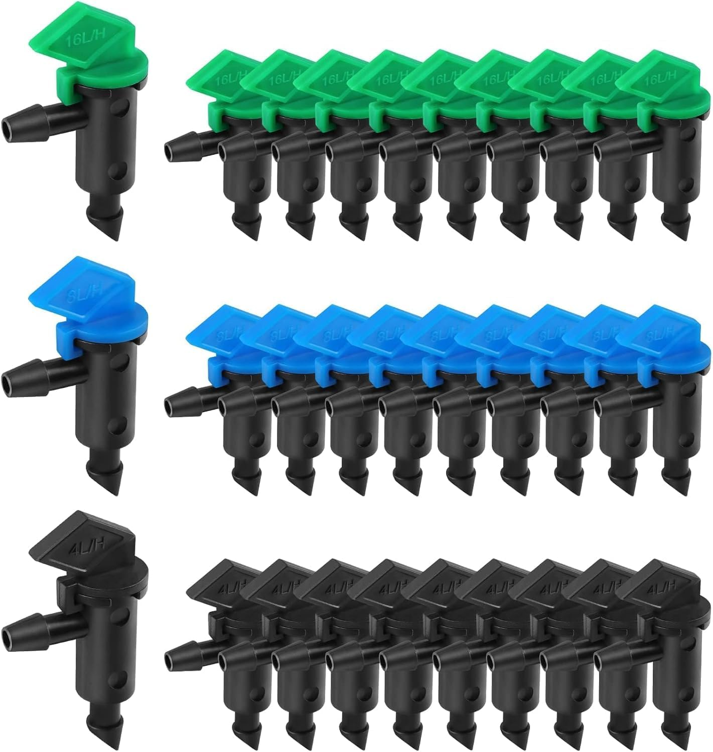 Kalolary 90 Pieces Drip Emitter, 3 Colors Garden Flag Irrigation Drippers in 3 Sizes, 1 GPH, 2 GPH, 4 GPH per Hour for Trees and Shrubs Watering