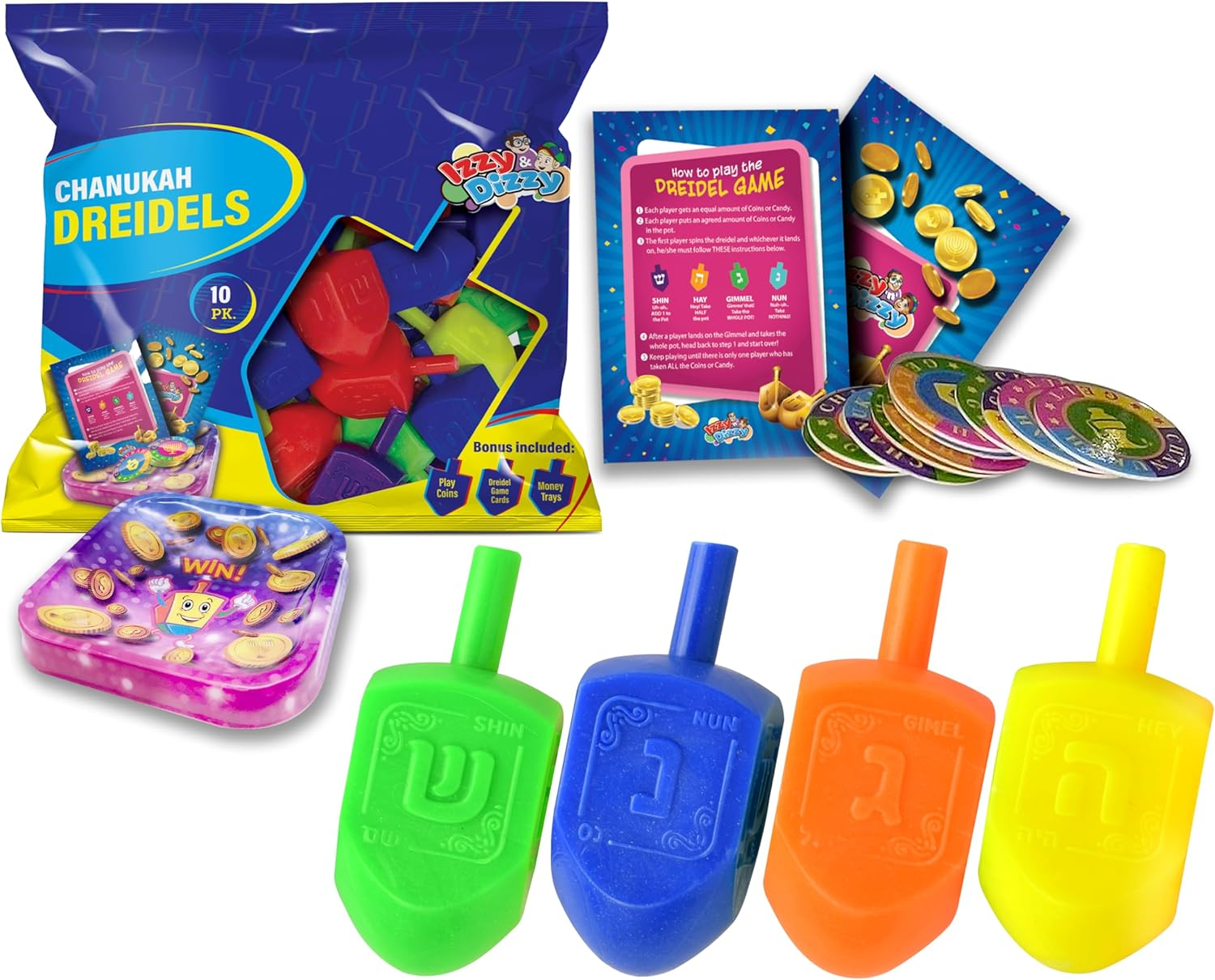Izzy 'N' Dizzy Hanukkah Dreidels - Multi Color Plastic Dreidel - 10 Pack Medium image number 5