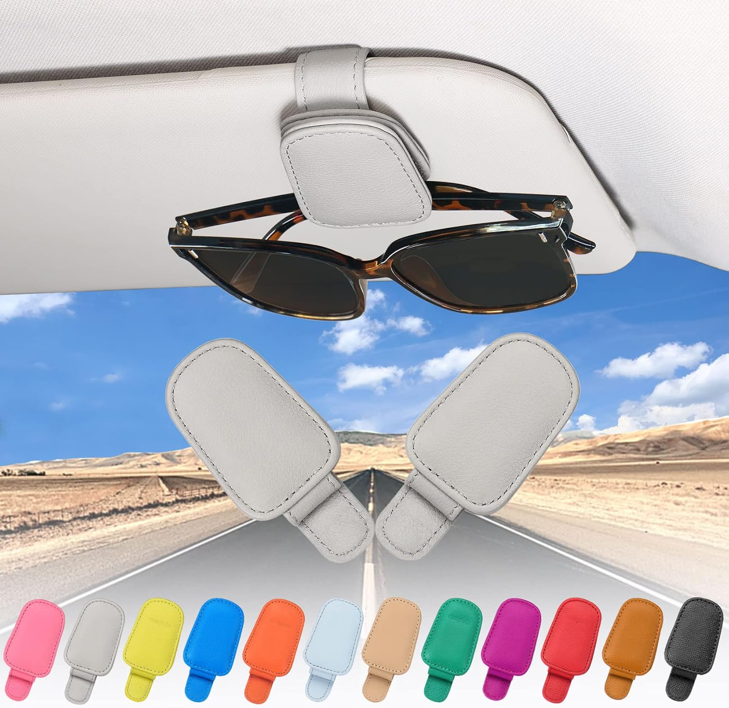 2 Packs Sunglasses Holder for Car Visor, Genuine Leather Car Sunglass Holder, Glasses Clip for Cars,Auto Interior Accessories Universal for SUV Pickup Truck