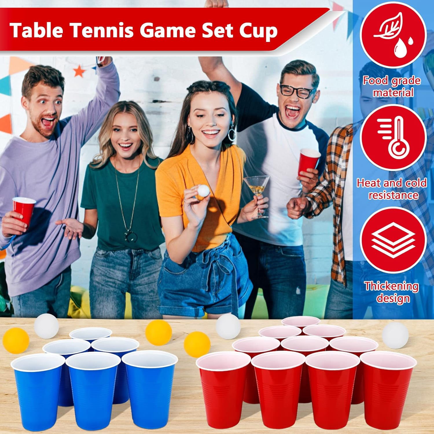 Frasheng Beerpong Party Cups, 100 Cups 12 Balls, Beer Pong Cups, Plastic Cups Red and Blue 16 Oz, Reusable Party Cups, Beer Pong Cups Set, for Christmas, Birthday, Wedding, Festivals image number 1