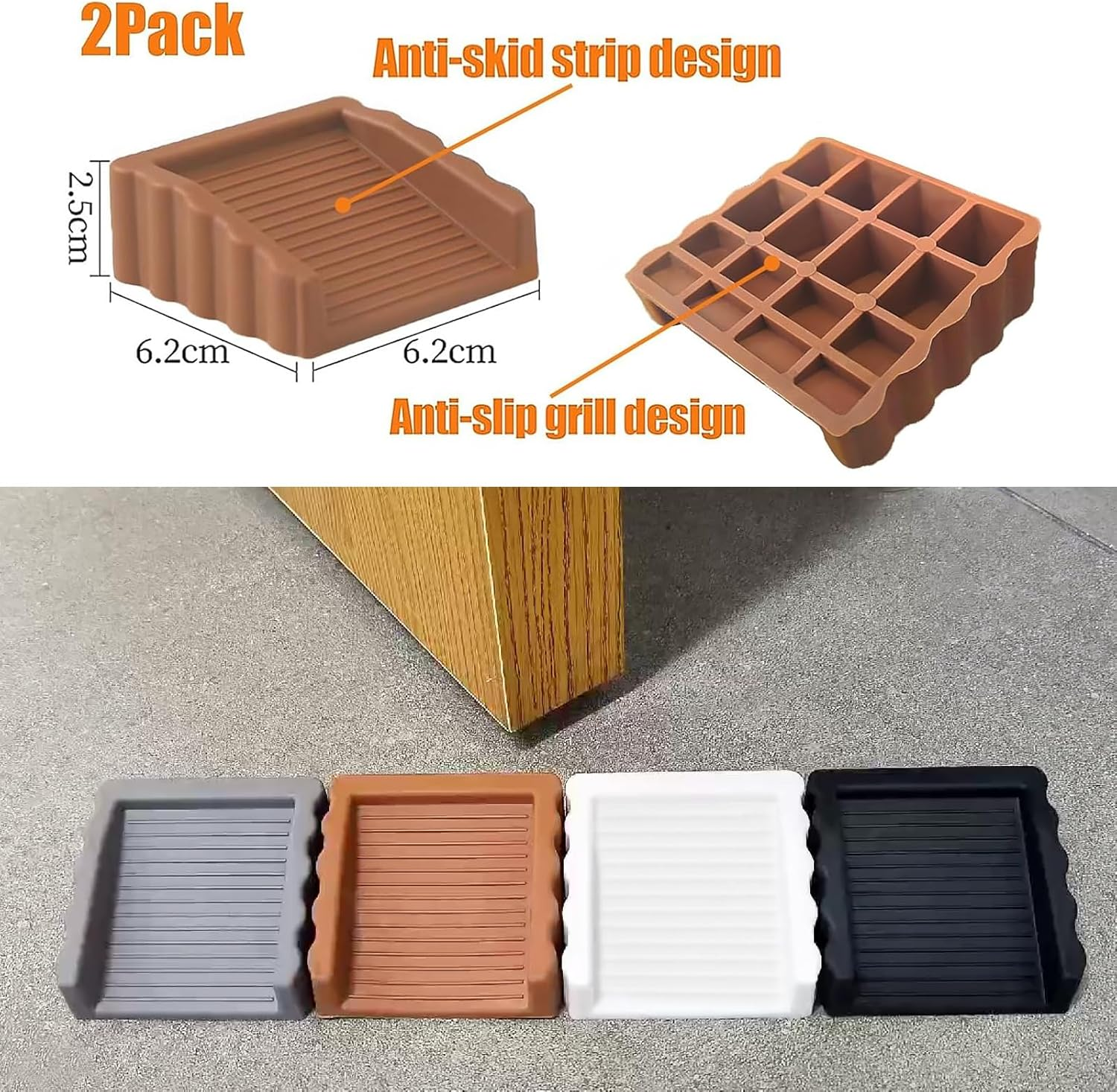 Rubber Door Stoppers Wedge,Bidirectional Door Stops,Small Size Cube Doorstop,Brown 2Pack - Blackx2 image number 3