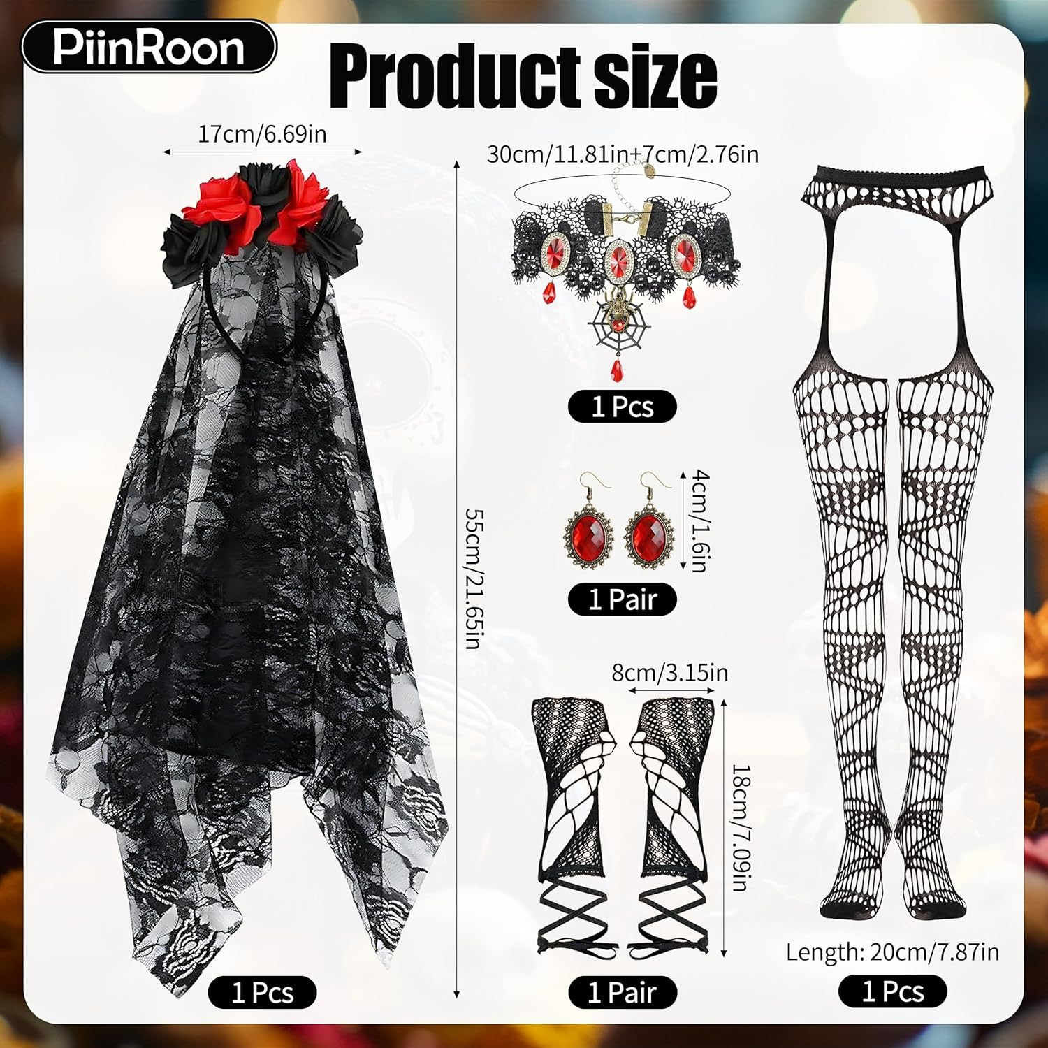 Piinroon Day of the Dead Headband, 5 Pcs Day of the Dead Costume, Halloween Headband Necklace Earrings Gloves Socks for Women image number 4