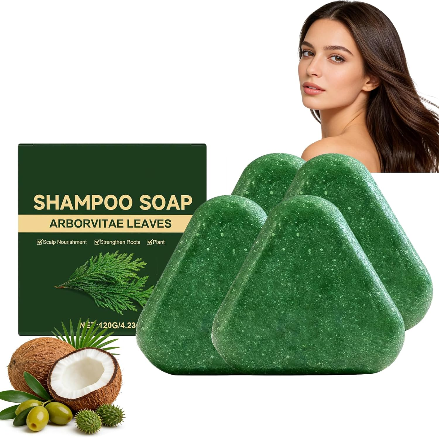 Nature Triangle Shampoo Bar for Women & Men, Cleansing Soap with Arborvitae Leaves, Shampoo Bar for Thinning Hair Cleansing & Nourishing, Triangle Hair Soap with Coconut Olive Castor Oil (4)