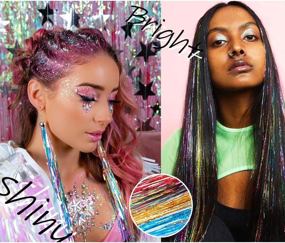 Aufondof Hair Tinsel Kit 12 Colors, 2100 Strands 47 Inches Sparkling Tinsel Hair Extensions with Tool, Glitter Bling Synthetic Hair Streaks for Birthday Halloween Christmas New Year Party