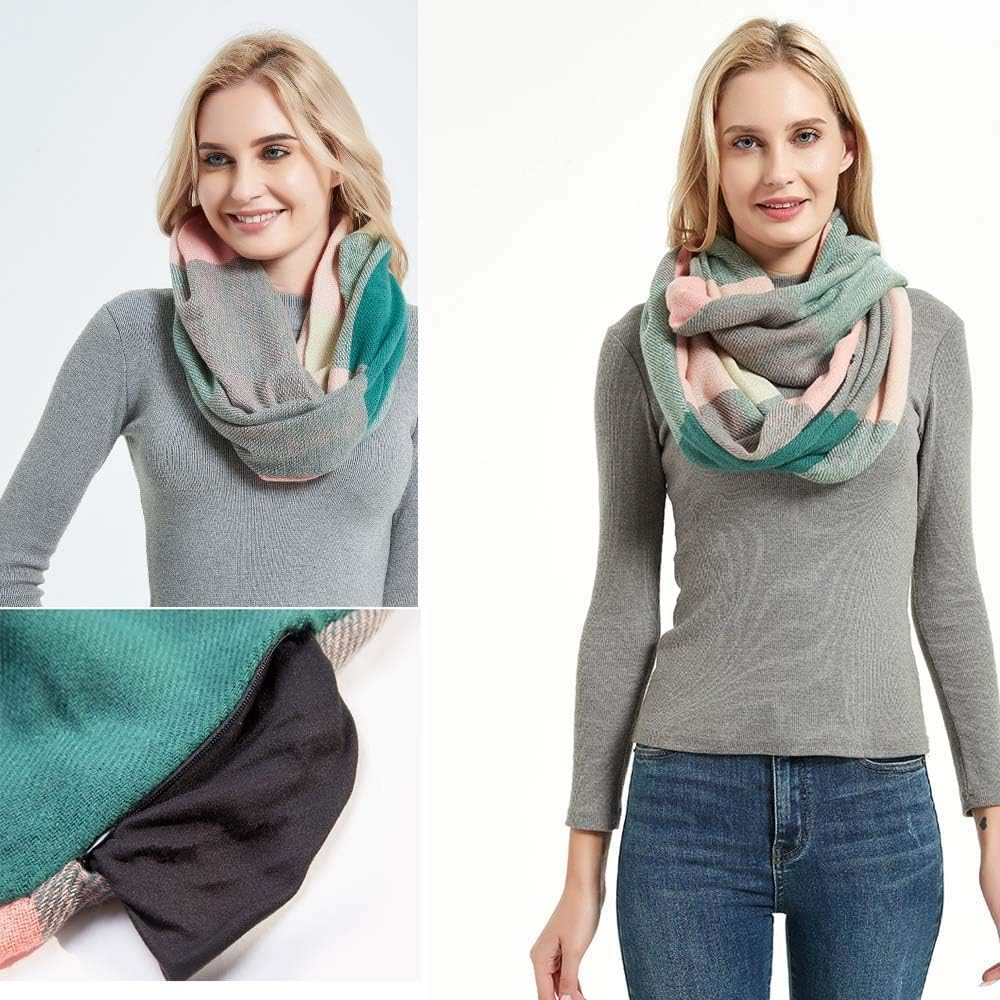 Women Plaid Infinity Scarf with Zipper Pocket Scarves Pockets-Secret Travel Scarfs for Girls Ladies image number 4