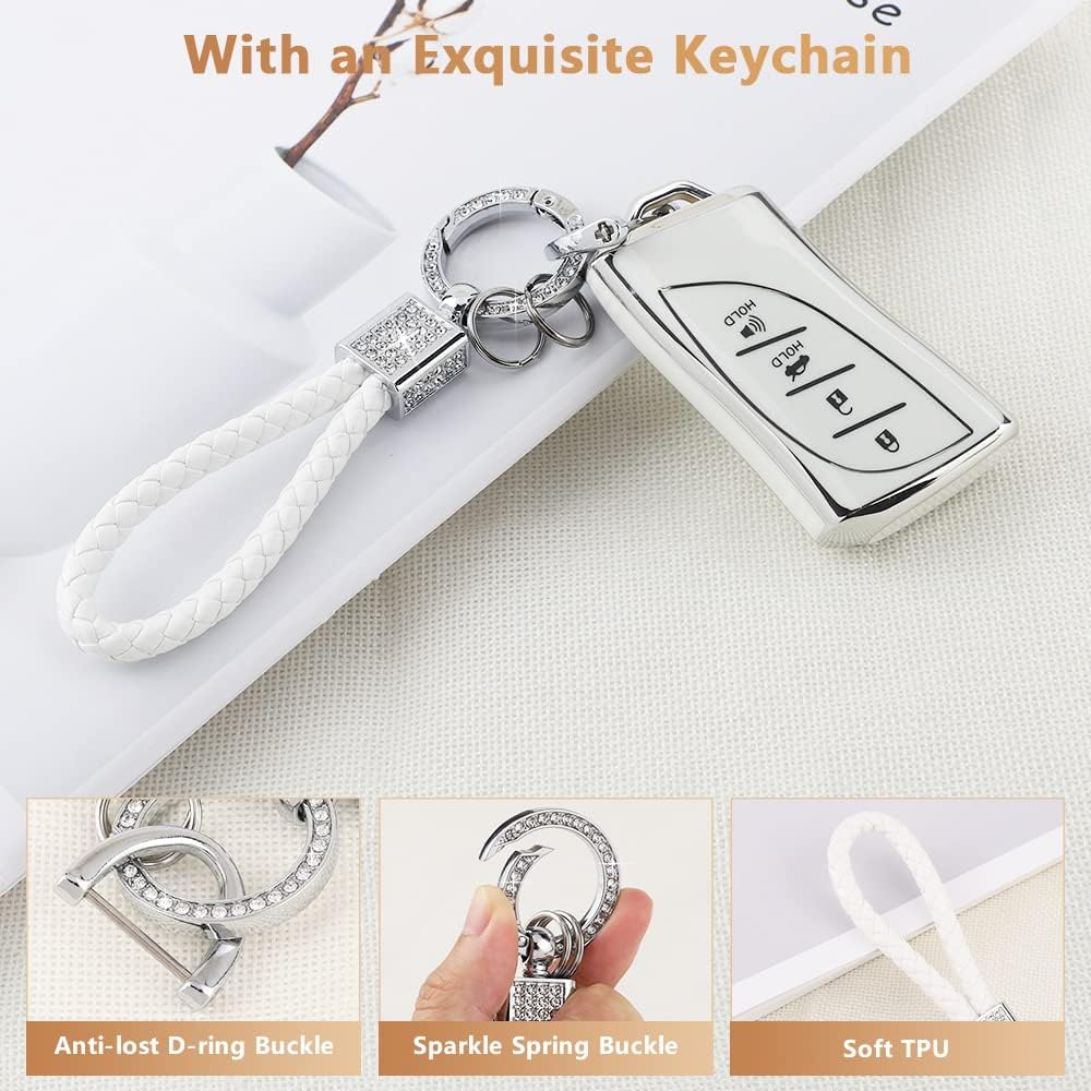 PIFOOG Lexus Key Fob Cover Bling Keychain TPU Car Keys Case Shell Protector Protection for Lexus GX ES NX LC RC LS UX Accessories 4 Buttons, White and Silver Edge, for Lexus image number 4