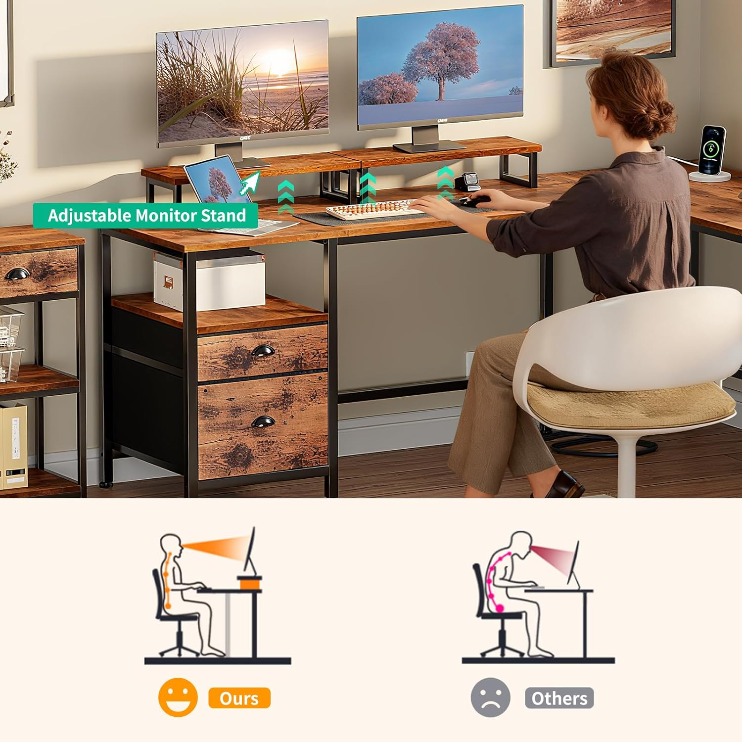 Yildue 66Inch L Shaped Computer Desk with Drawer & Power Outlet, Reversible Corner Desk with Monitor Stands and Storage Shelves, Rustic Wooden Office Desk for Work Gaming image number 6