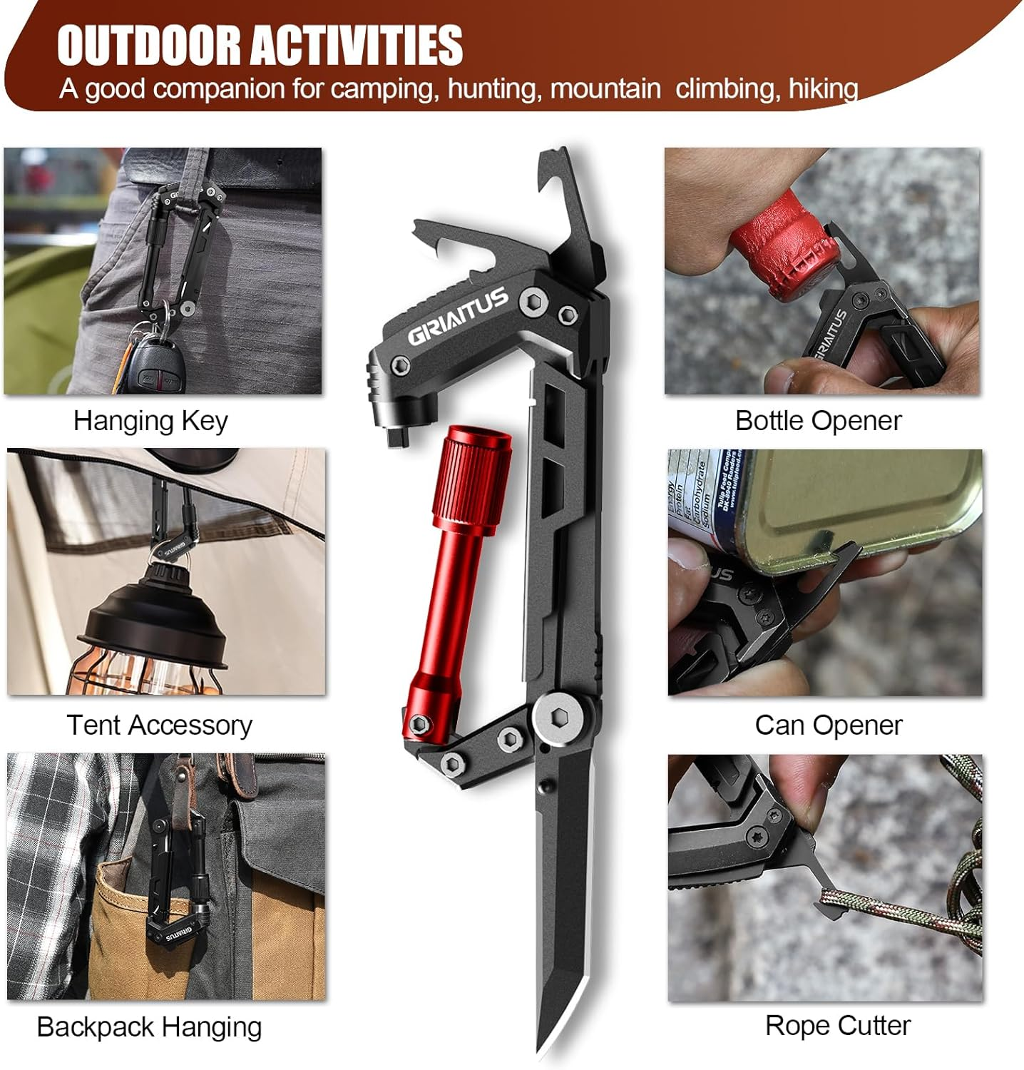 Carabiner Multitool 8-In-1 EDC Carabiners Pocket Knife, Serrated Knife, Rope Cutter, Screwdriver, Can Bottle Opener, Ruler, Survival Gear for Camping Climbing(Red)