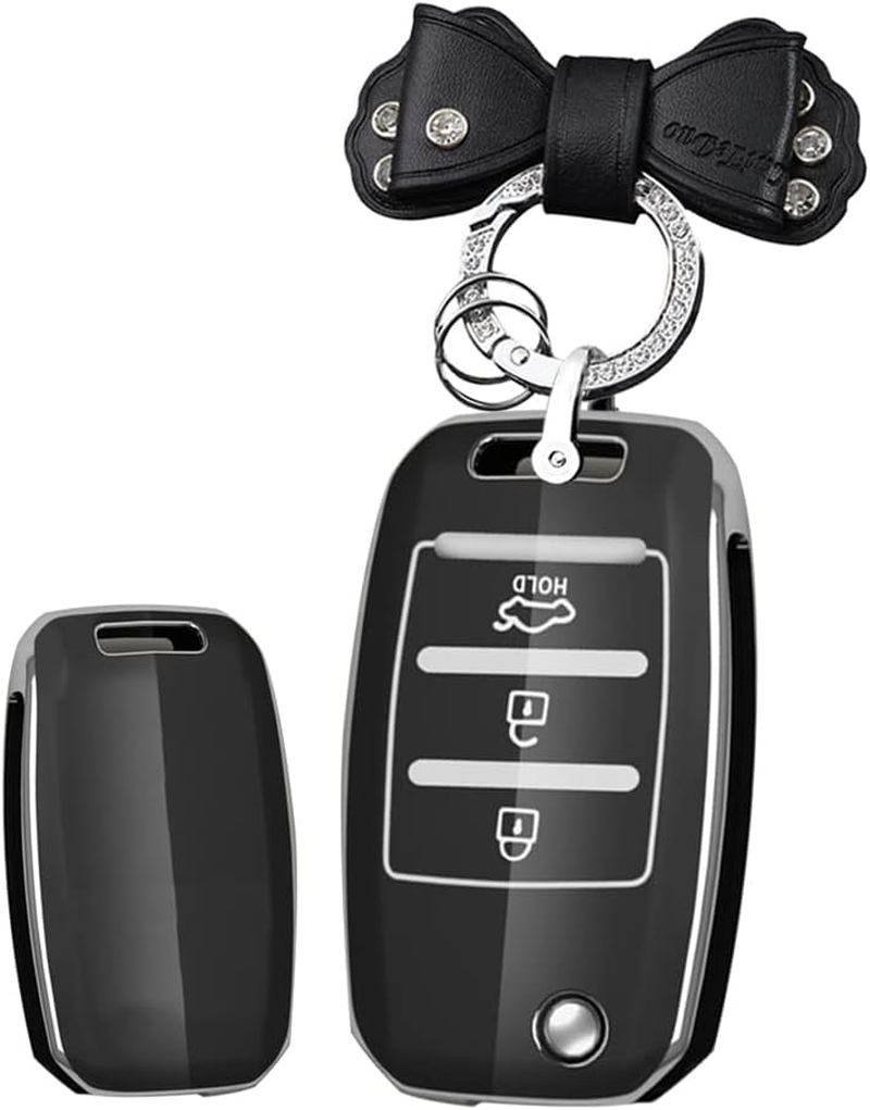 HIBEYO Folding 3 Button for Kia Key Fob Cover TPU Key Case for Kia Sorento Sportage Rio Soul Forte Optima Carens Picanto Smart Key Holder Car Accessories with Keychains-Bow Key Chain(White)
